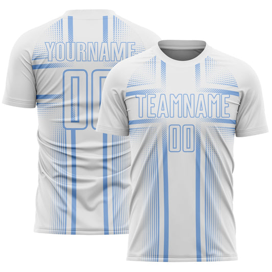 Custom White Light Blue Lines Sublimation Soccer Uniform Jersey - Main View