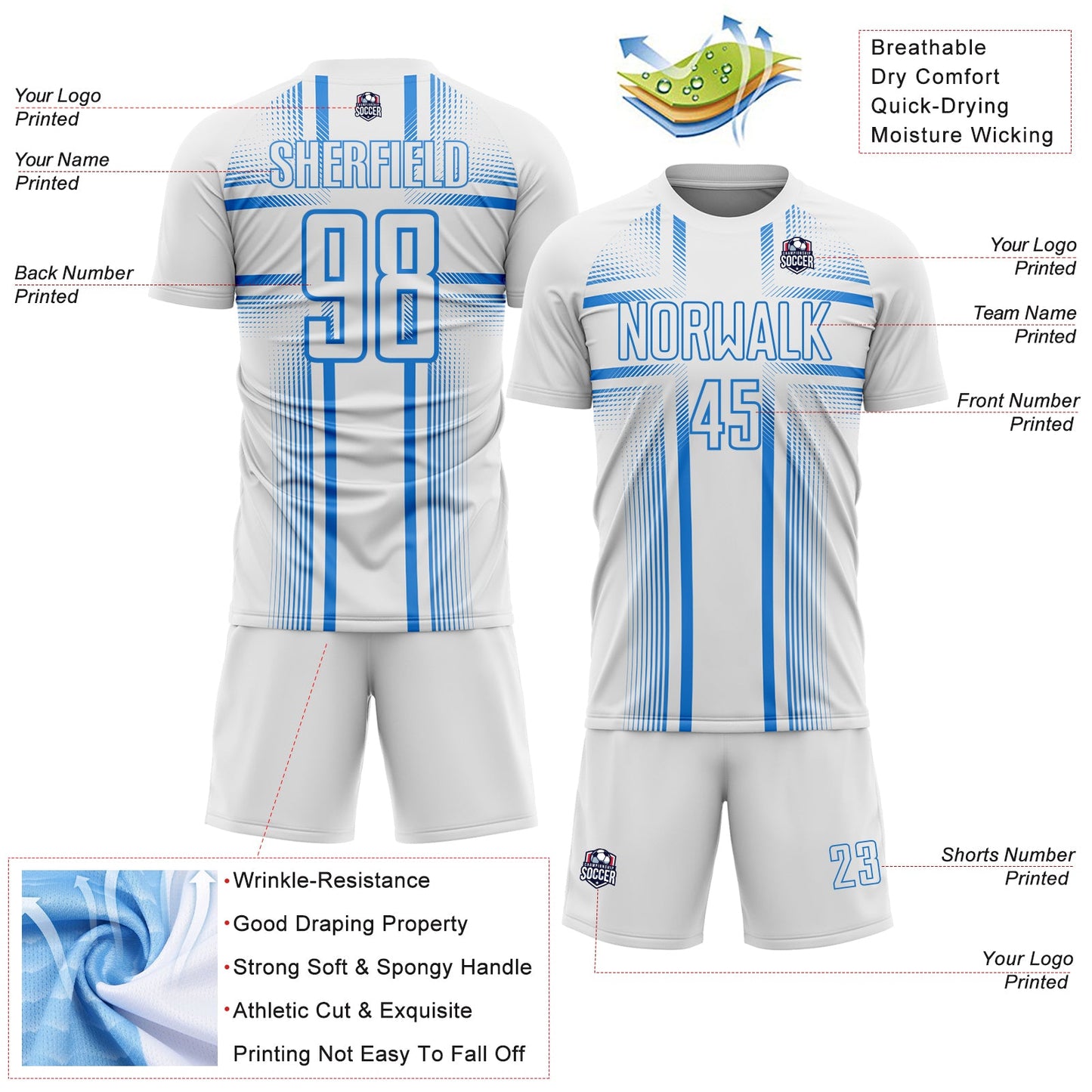 Custom White Powder Blue Lines Sublimation Soccer Uniform Jersey view 4