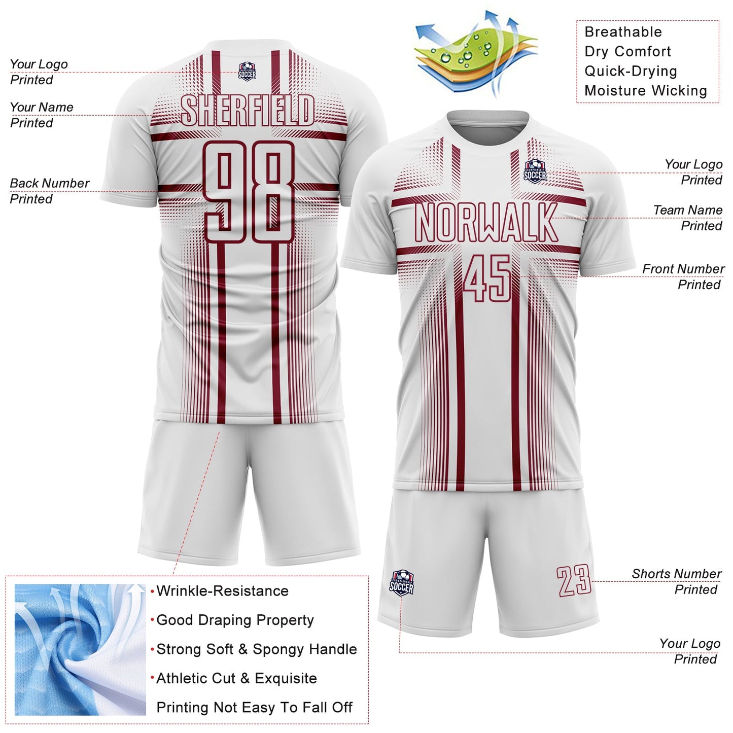 Custom White Crimson Lines Sublimation Soccer Uniform Jersey view 4