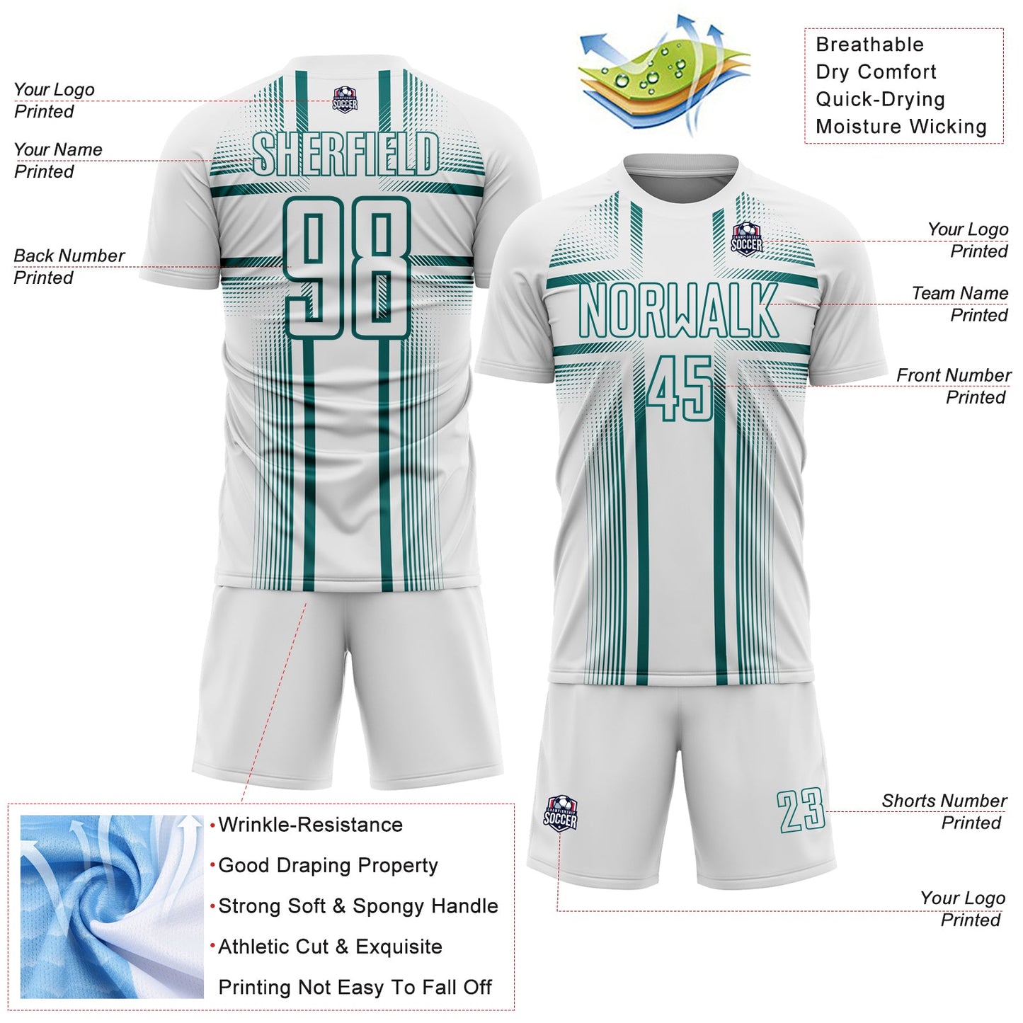 Custom White Teal Lines Sublimation Soccer Uniform Jersey view 4