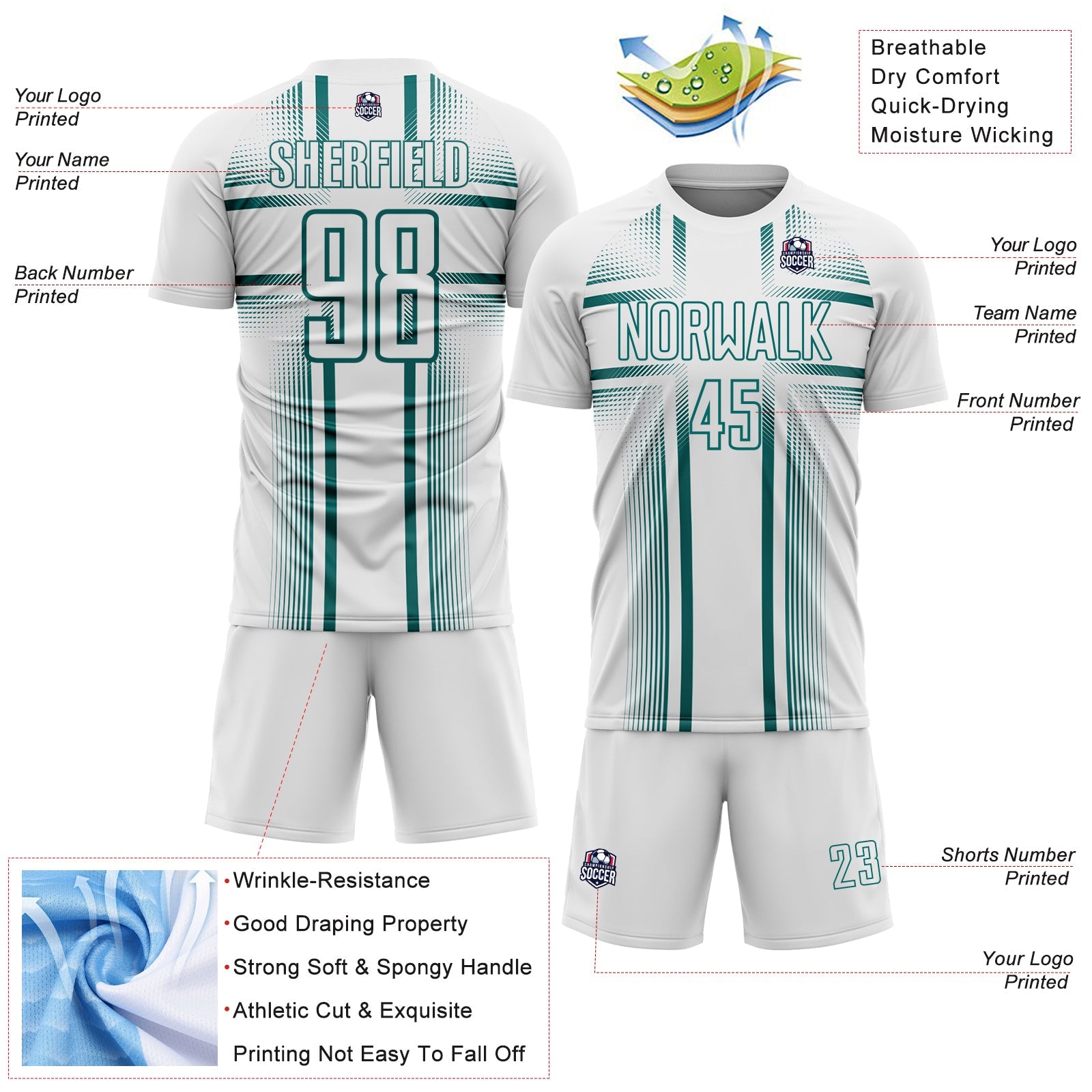 Custom White Teal Lines Sublimation Soccer Uniform Jersey view 4