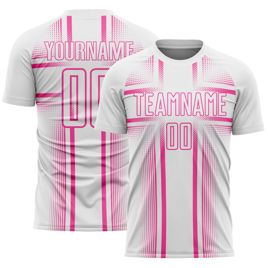 Custom White Pink Lines Sublimation Soccer Uniform Jersey - Main View
