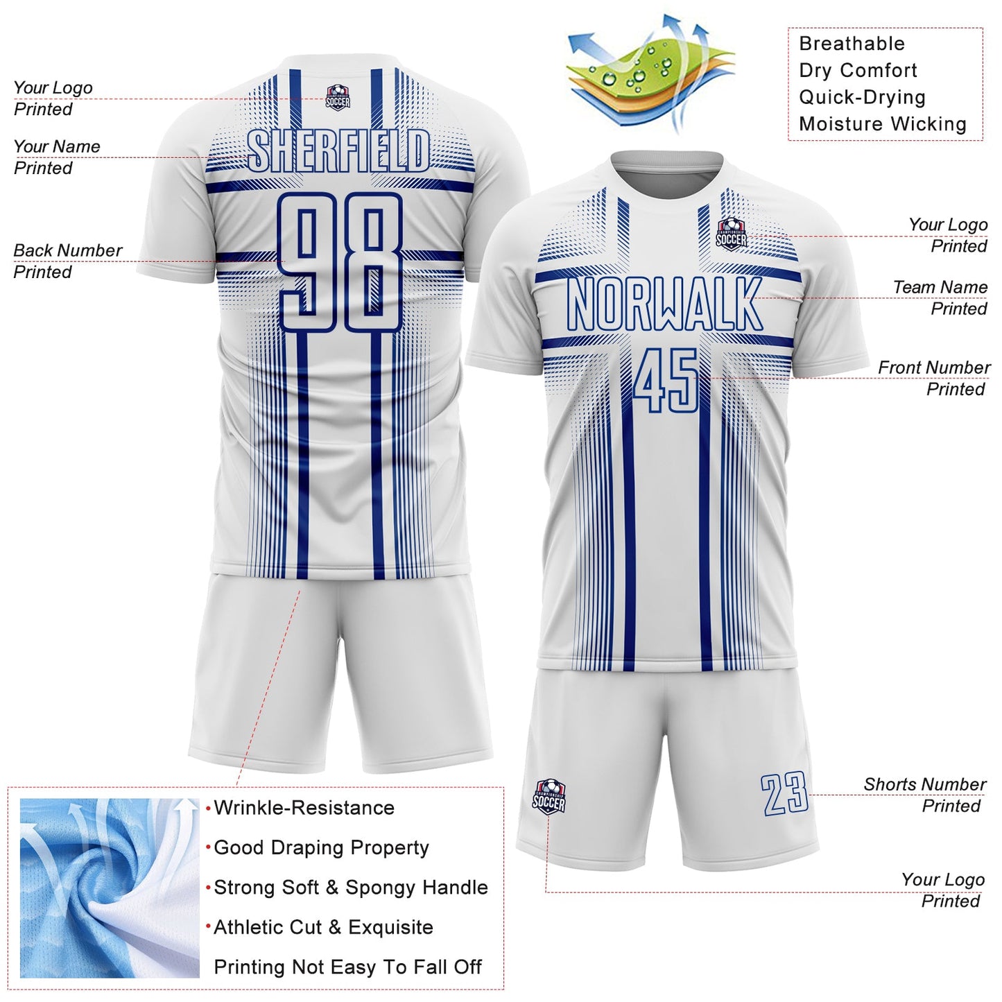 Custom White Royal Lines Sublimation Soccer Uniform Jersey view 4