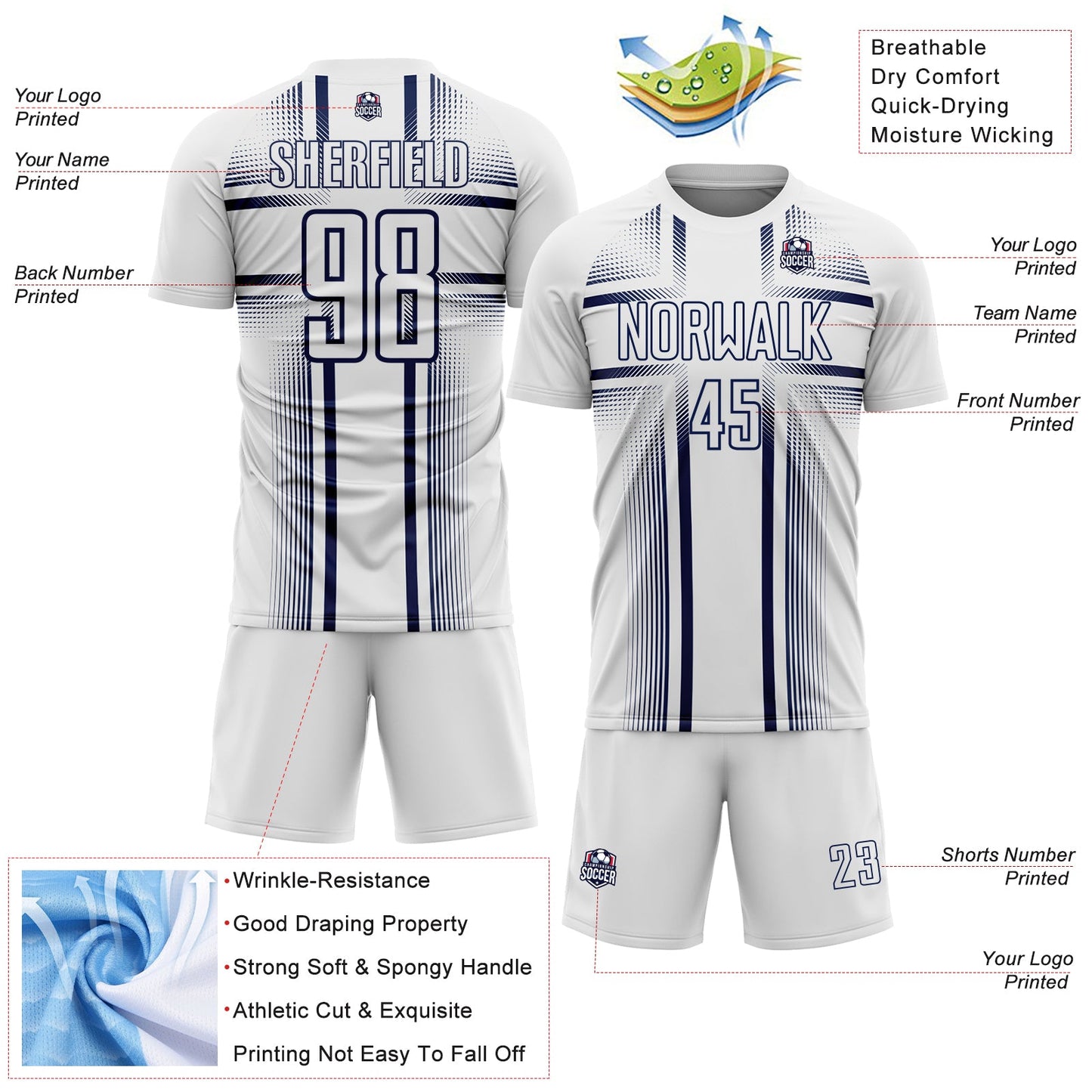 Custom White Navy Lines Sublimation Soccer Uniform Jersey view 4