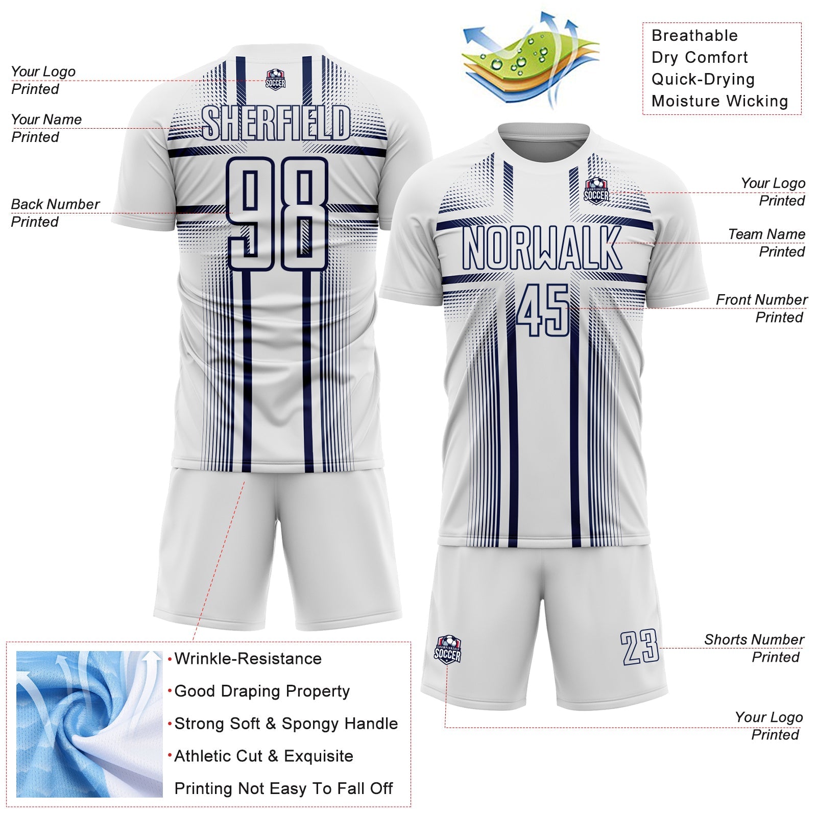 Custom White Navy Lines Sublimation Soccer Uniform Jersey view 4