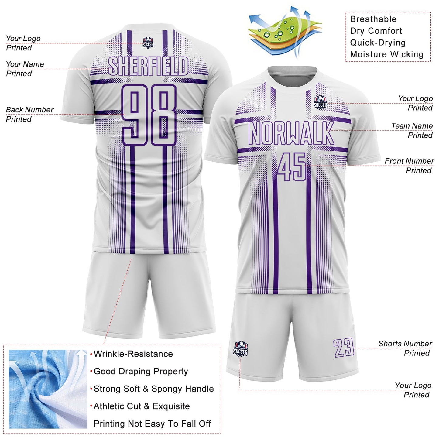 Custom White Purple Lines Sublimation Soccer Uniform Jersey view 4