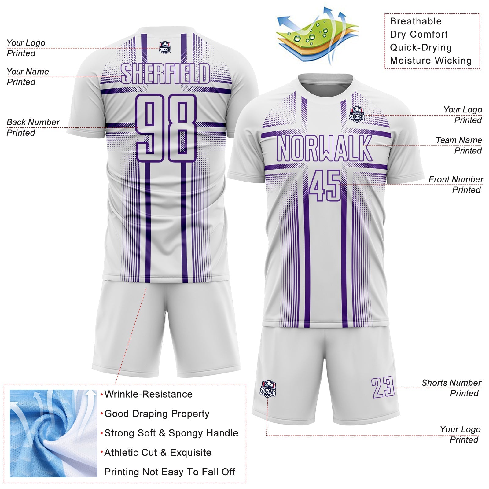 Custom White Purple Lines Sublimation Soccer Uniform Jersey view 4