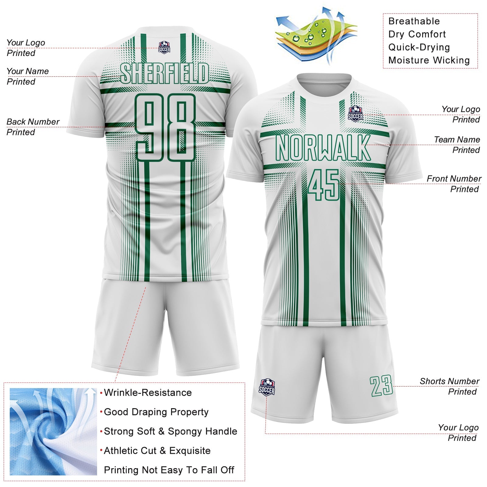 Custom White Kelly Green Lines Sublimation Soccer Uniform Jersey view 4