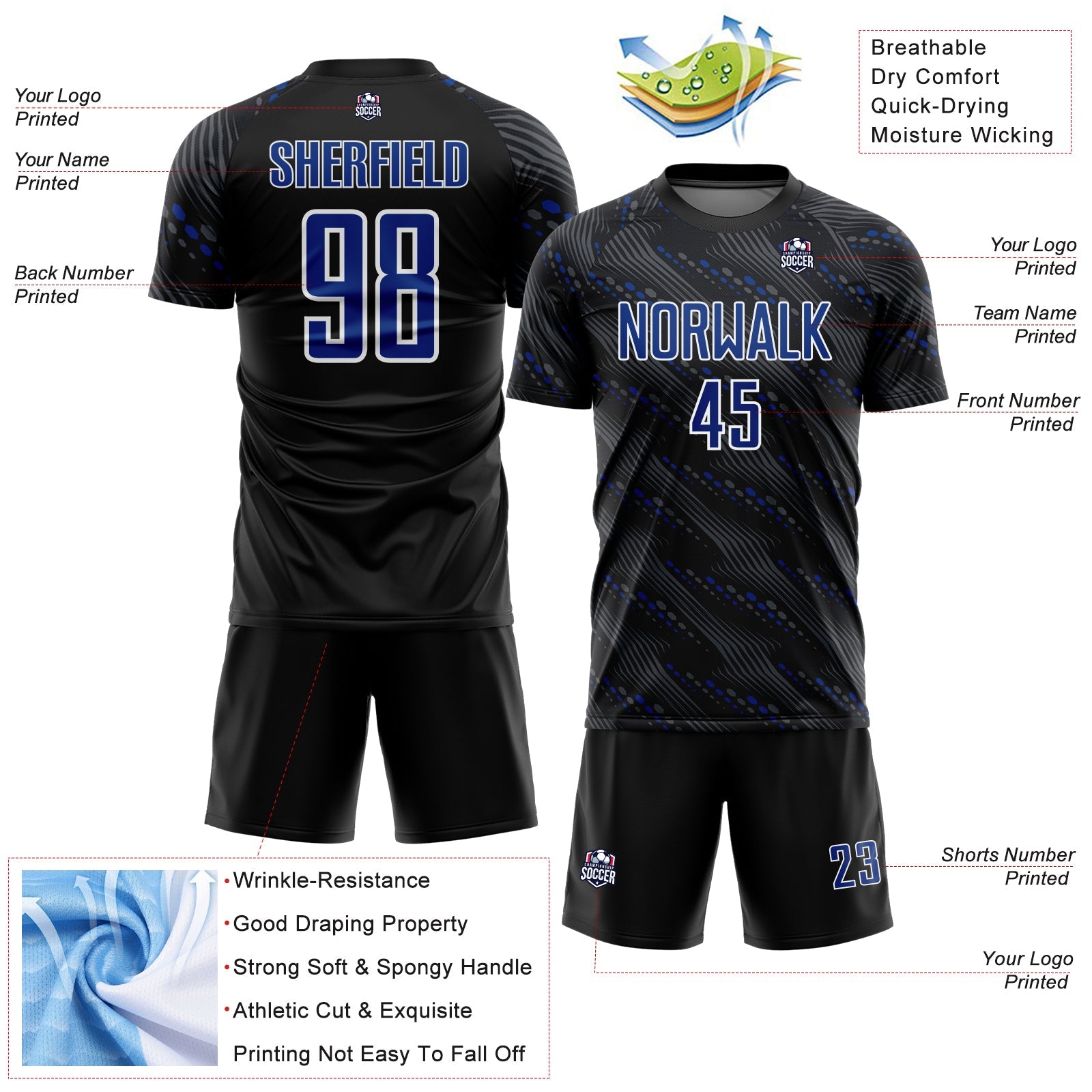 Custom Black Royal-White Slant Lines Sports Sublimation Soccer Uniform Jersey view 4