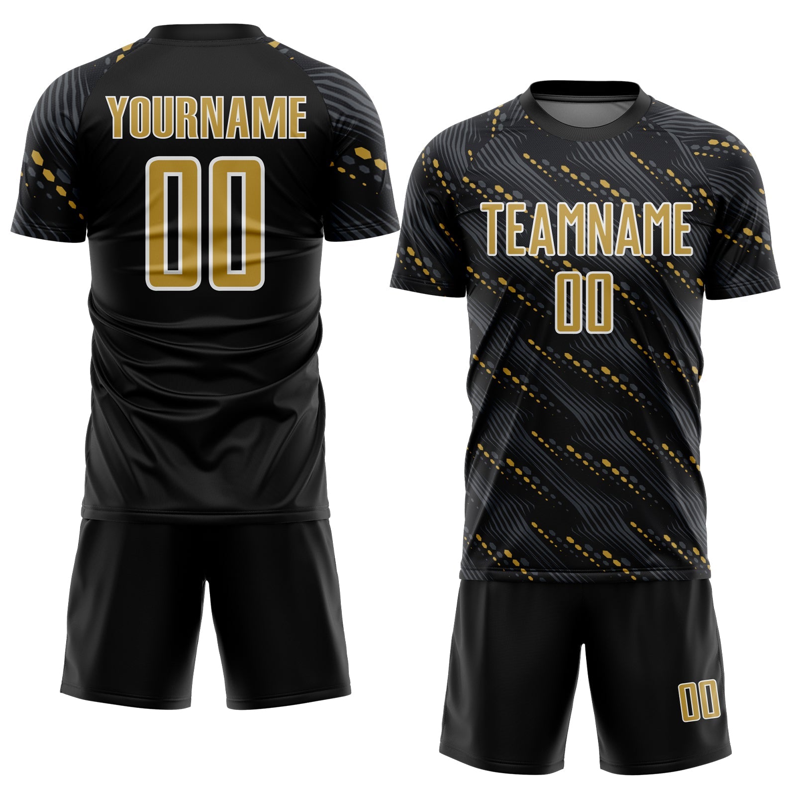 Custom Black Old Gold-White Slant Lines Sports Sublimation Soccer Uniform Jersey view 2