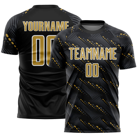Custom Black Old Gold-White Slant Lines Sports Sublimation Soccer Uniform Jersey - Main View