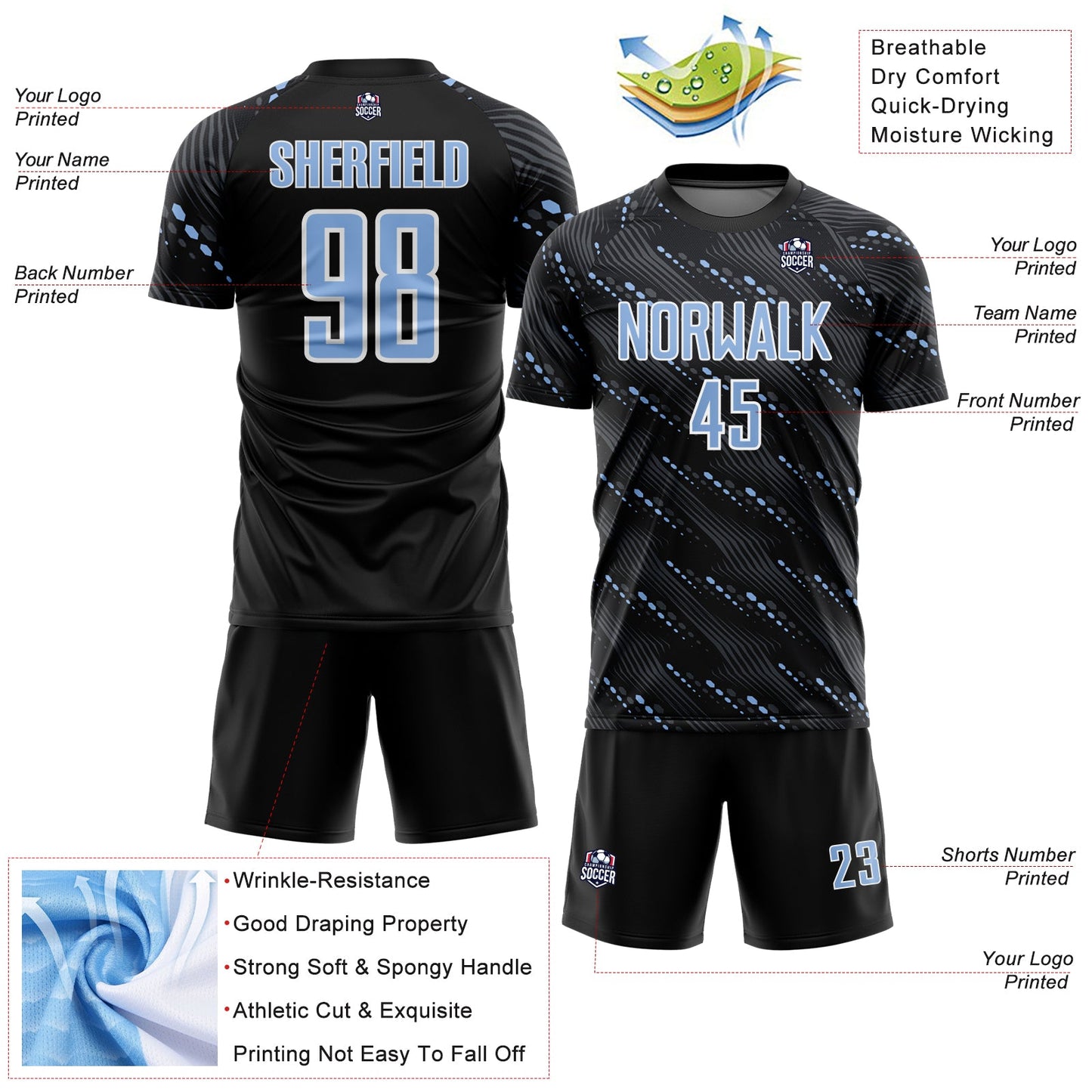 Custom Black Light Blue-White Slant Lines Sports Sublimation Soccer Uniform Jersey view 4