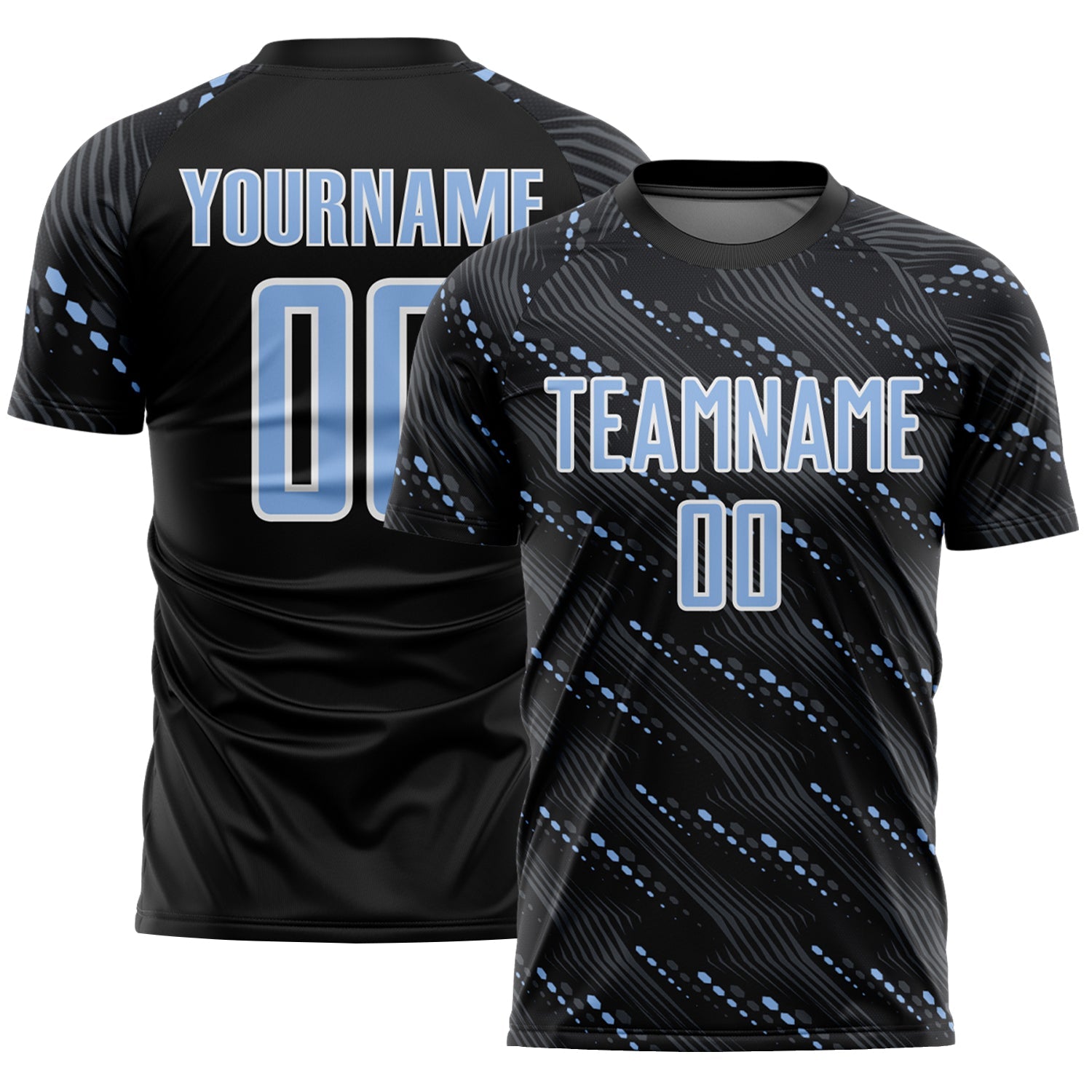 Custom Black Light Blue-White Slant Lines Sports Sublimation Soccer Uniform Jersey - Main View