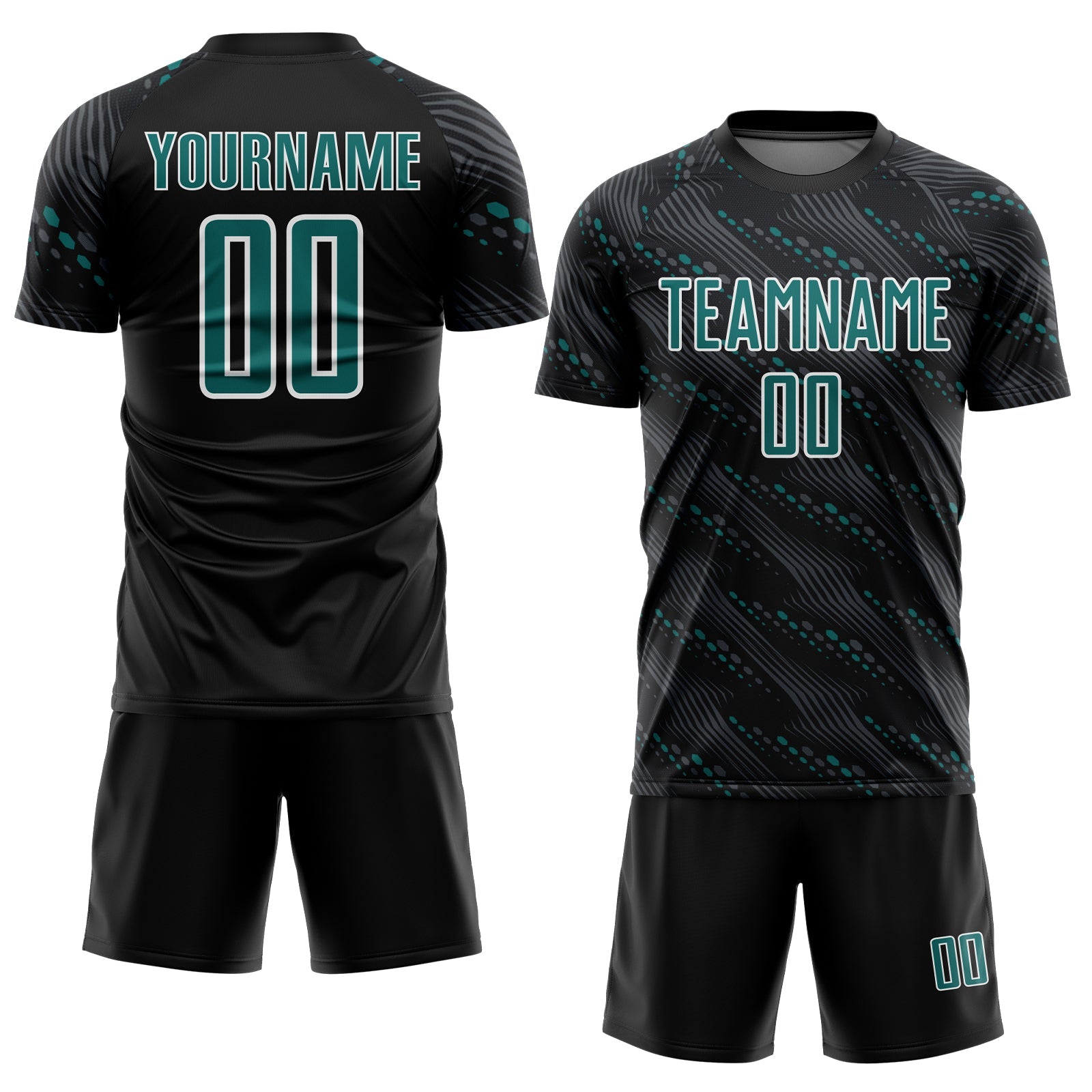 Custom Black Teal-White Slant Lines Sports Sublimation Soccer Uniform Jersey view 2