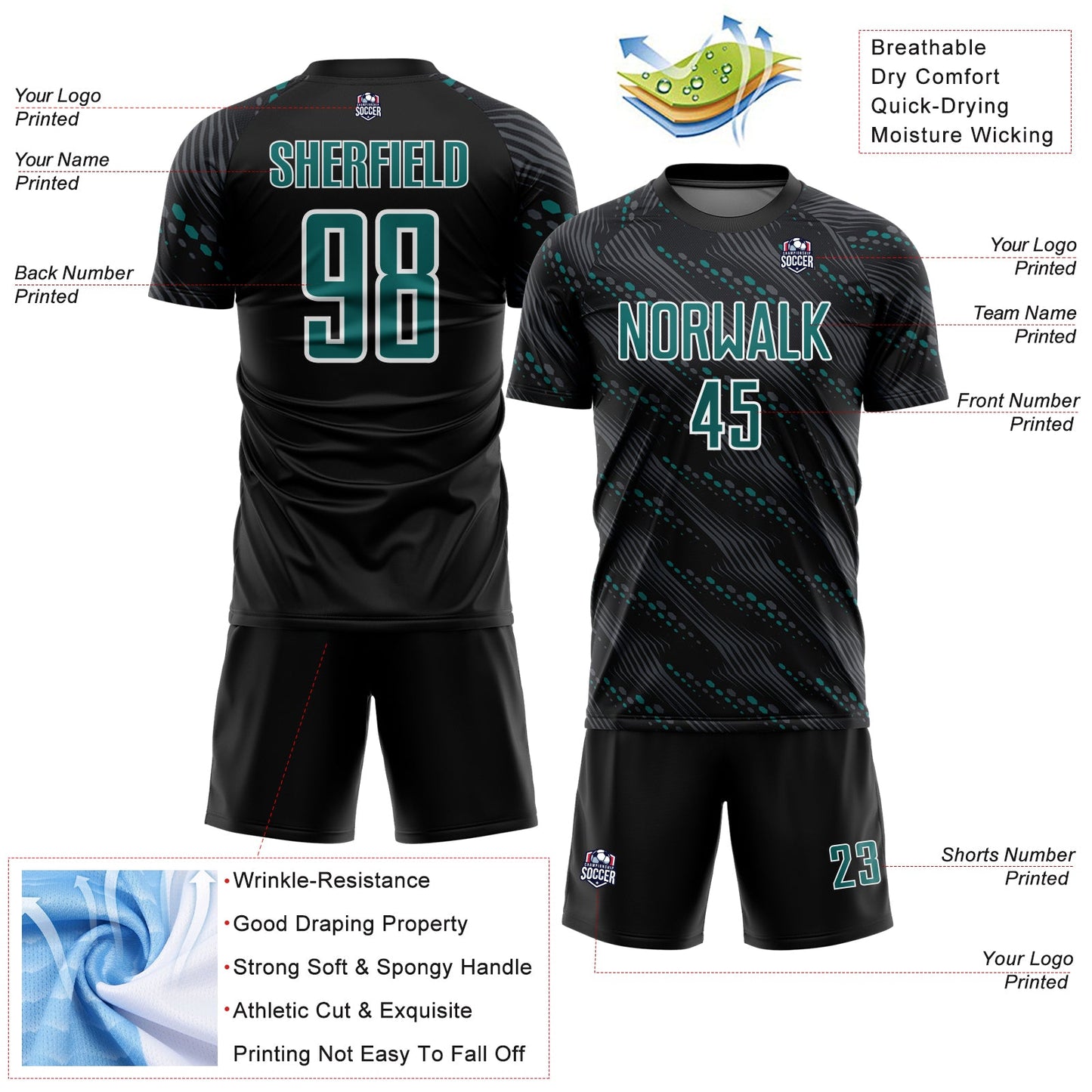 Custom Black Teal-White Slant Lines Sports Sublimation Soccer Uniform Jersey view 4