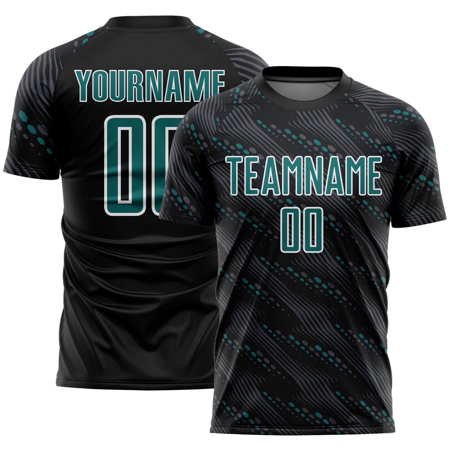 Custom Black Teal-White Slant Lines Sports Sublimation Soccer Uniform Jersey - Main View