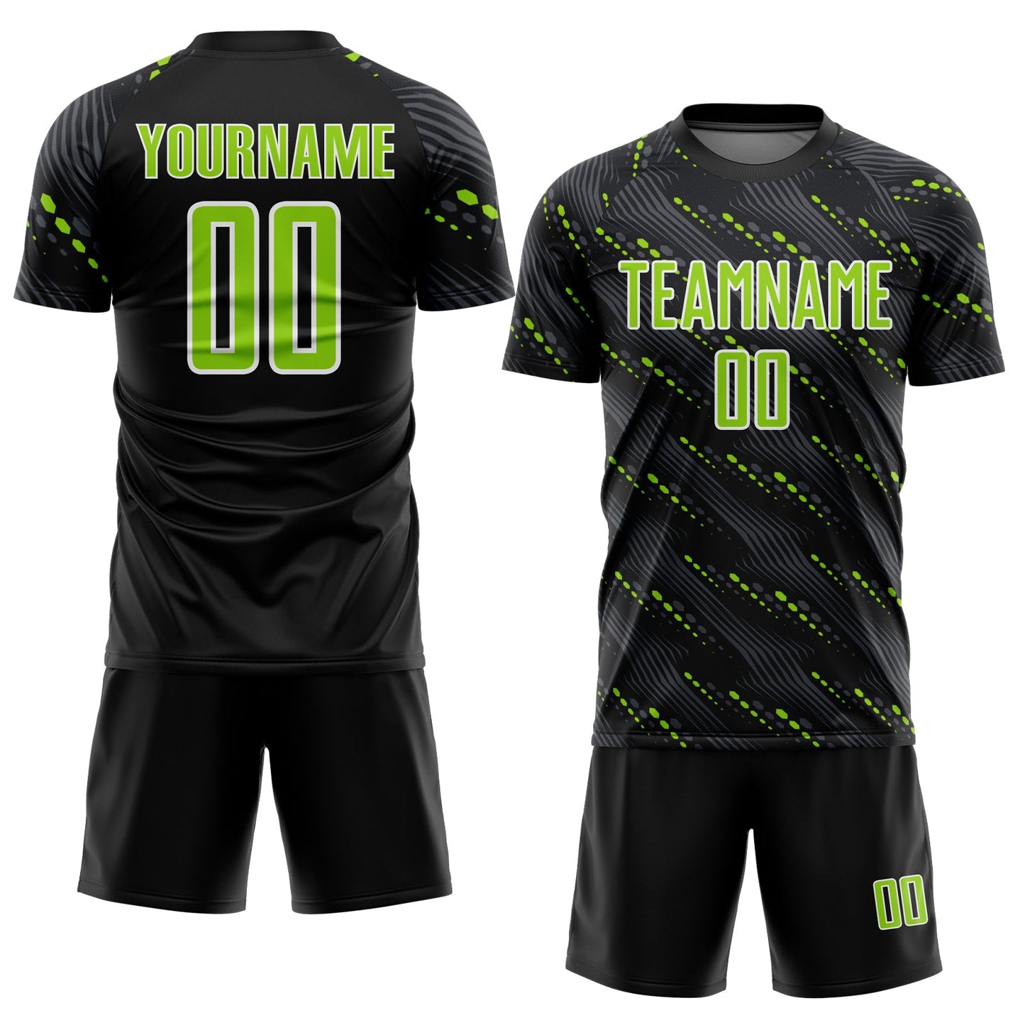 Custom Black Neon Green-White Slant Lines Sports Sublimation Soccer Uniform Jersey view 2