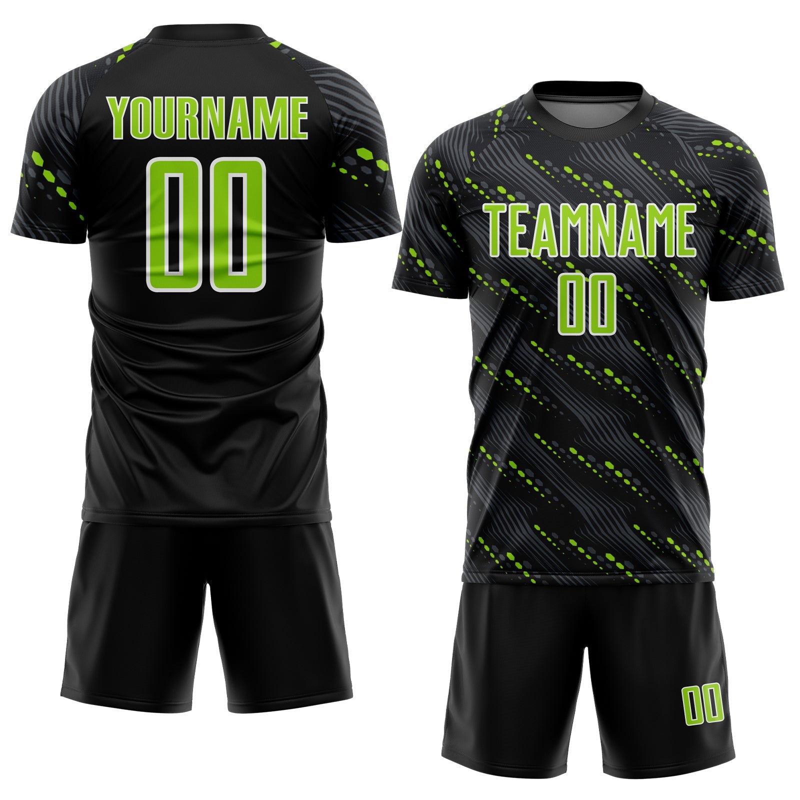 Custom Black Neon Green-White Slant Lines Sports Sublimation Soccer Uniform Jersey view 2