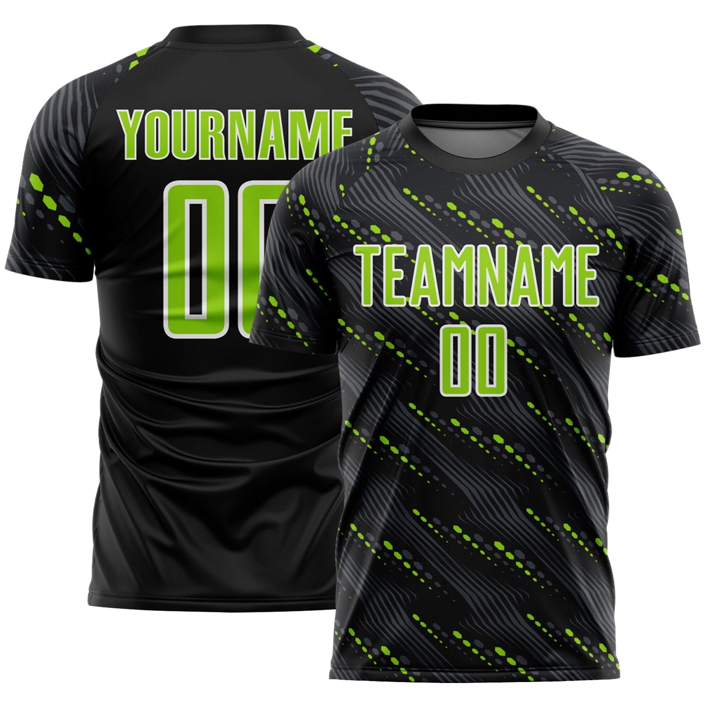 Custom Black Neon Green-White Slant Lines Sports Sublimation Soccer Uniform Jersey - Main View