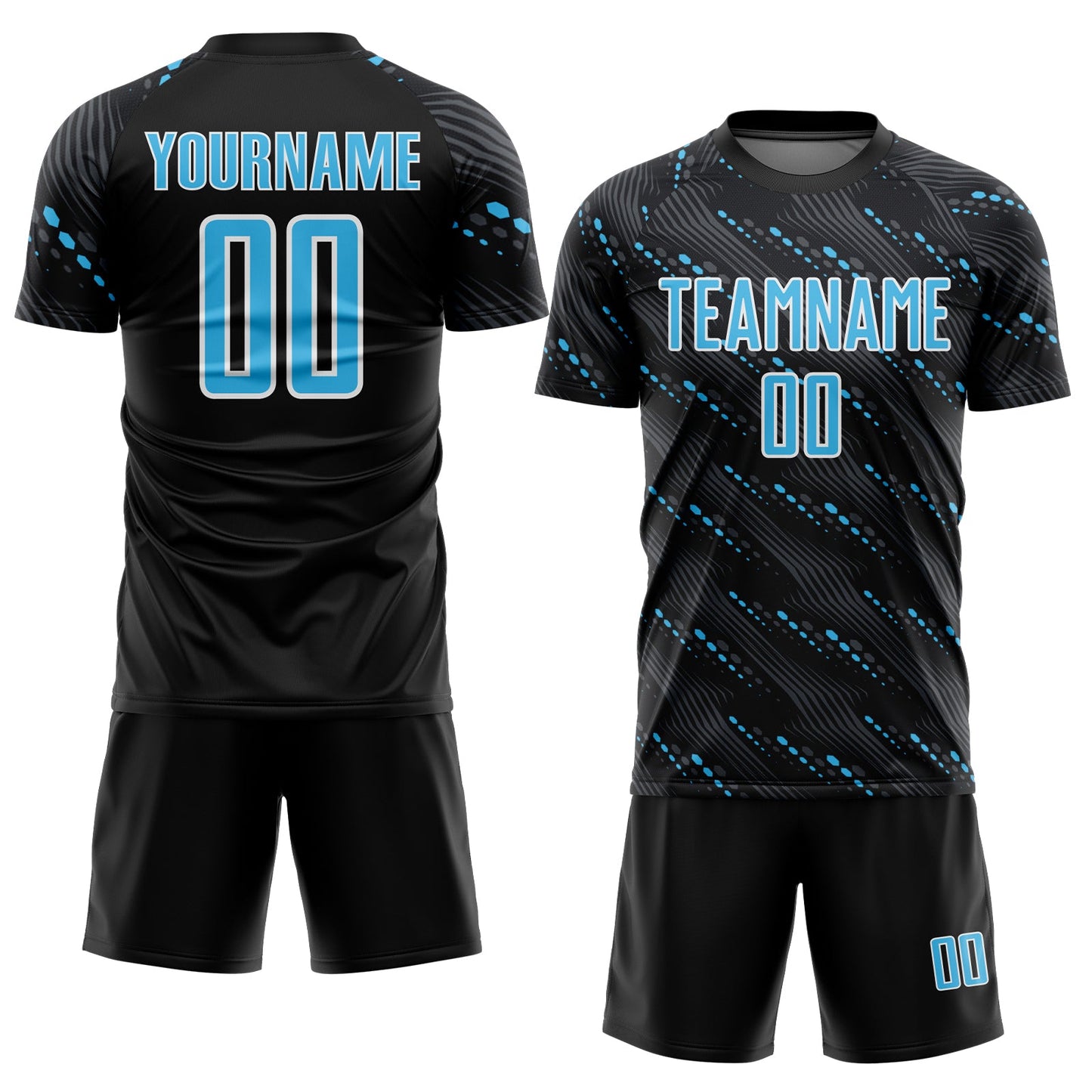 Custom Black Sky Blue-White Slant Lines Sports Sublimation Soccer Uniform Jersey view 2