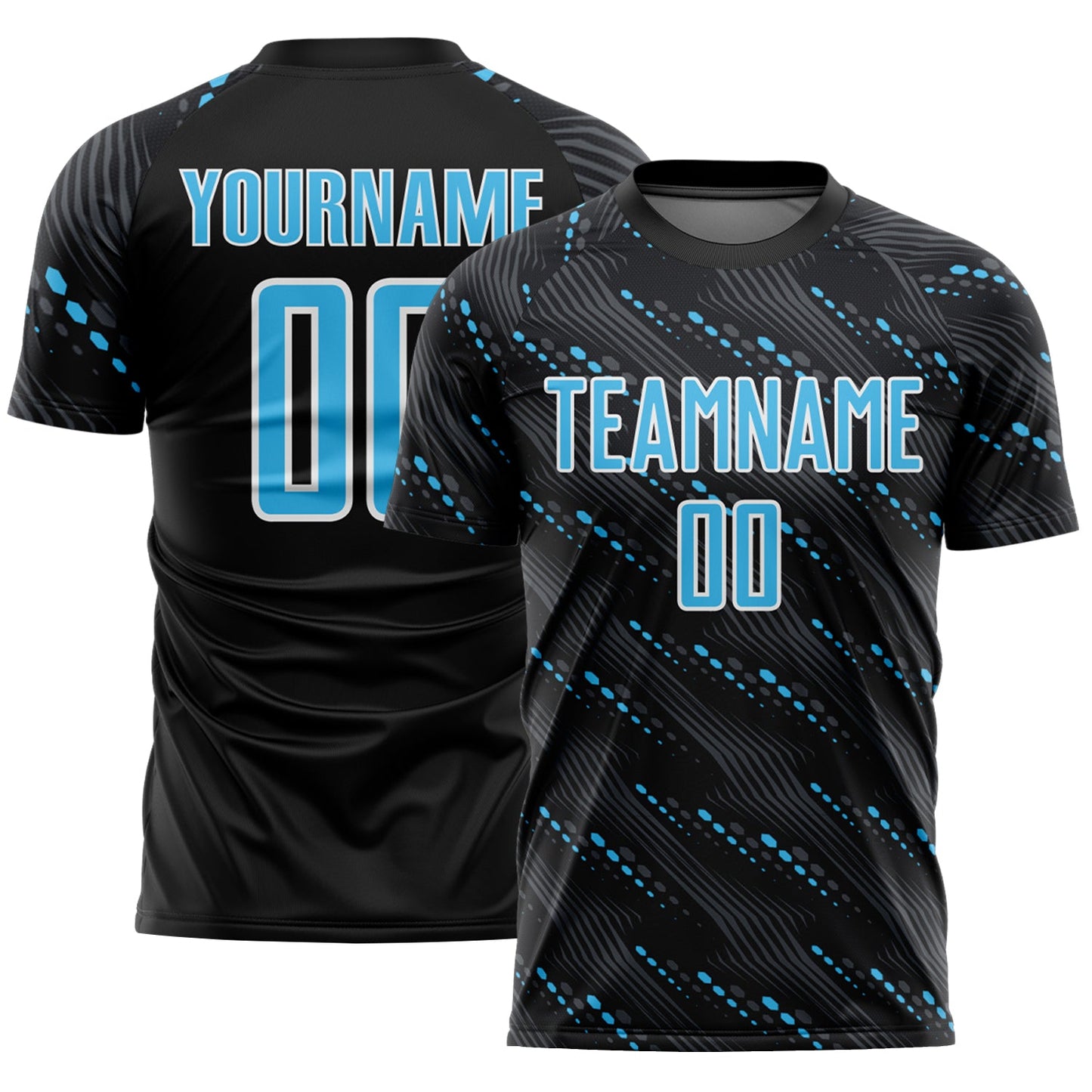 Custom Black Sky Blue-White Slant Lines Sports Sublimation Soccer Uniform Jersey - Main View