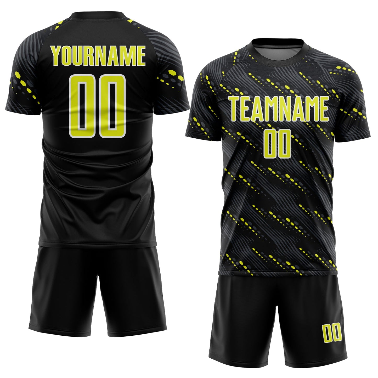 Custom Black Neon Yellow-White Slant Lines Sports Sublimation Soccer Uniform Jersey view 2