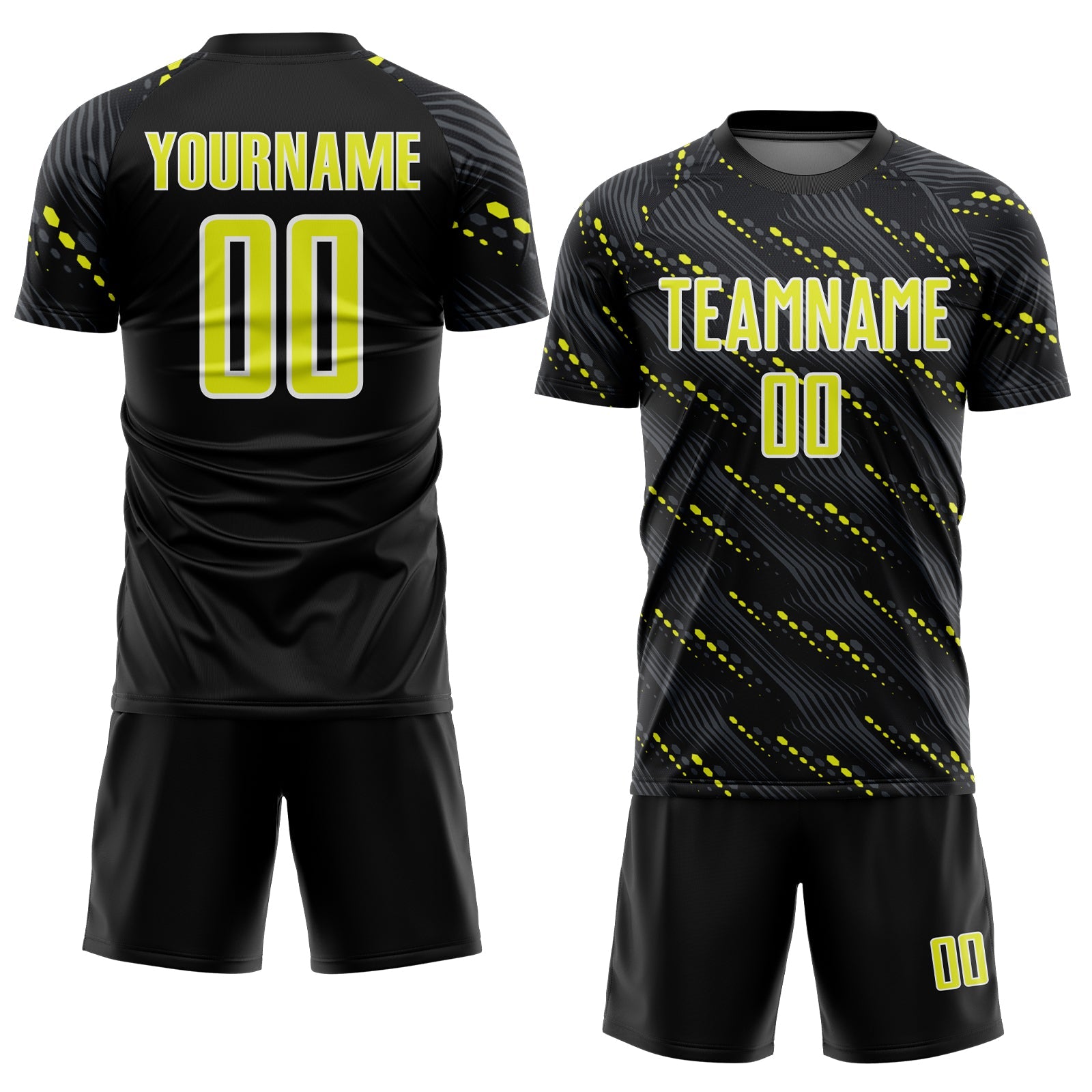 Custom Black Neon Yellow-White Slant Lines Sports Sublimation Soccer Uniform Jersey view 2