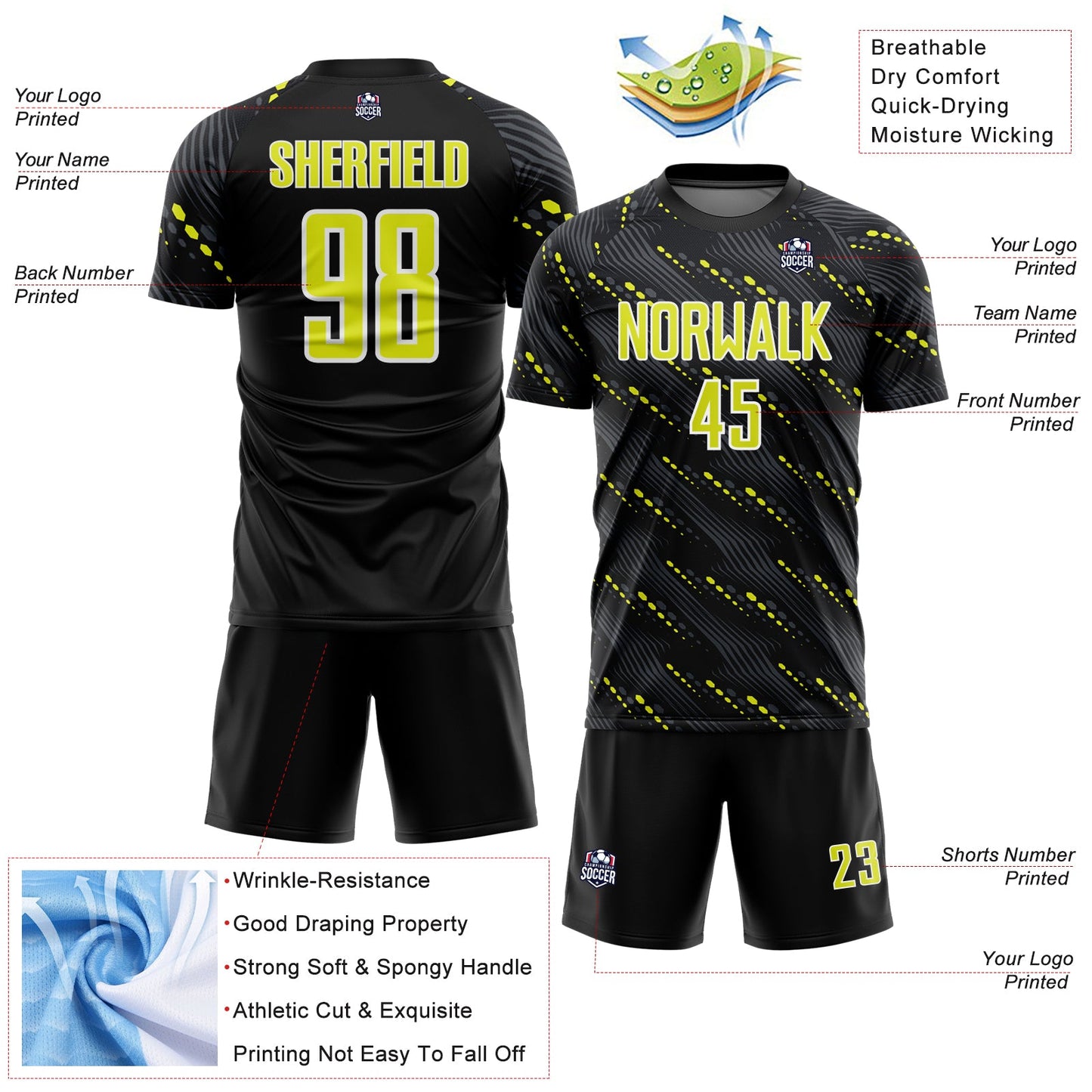 Custom Black Neon Yellow-White Slant Lines Sports Sublimation Soccer Uniform Jersey view 4