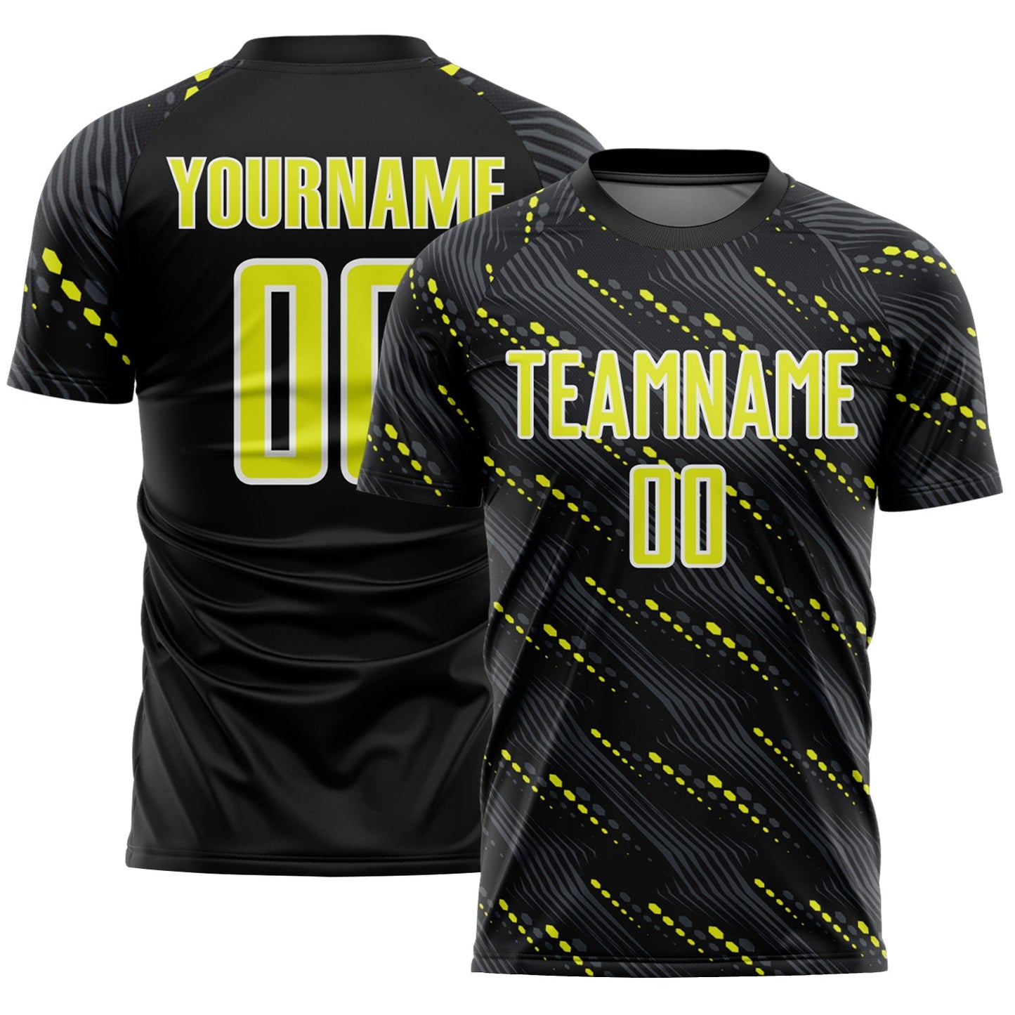 Custom Black Neon Yellow-White Slant Lines Sports Sublimation Soccer Uniform Jersey - Main View