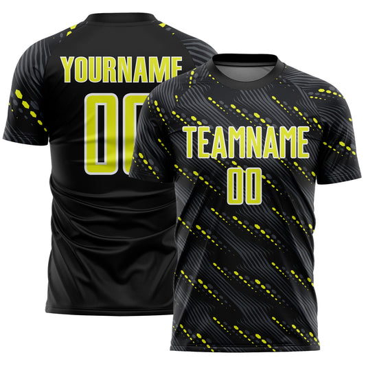 Custom Black Neon Yellow-White Slant Lines Sports Sublimation Soccer Uniform Jersey - Main View