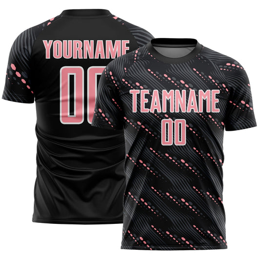 Custom Black Medium Pink-White Slant Lines Sports Sublimation Soccer Uniform Jersey - Main View