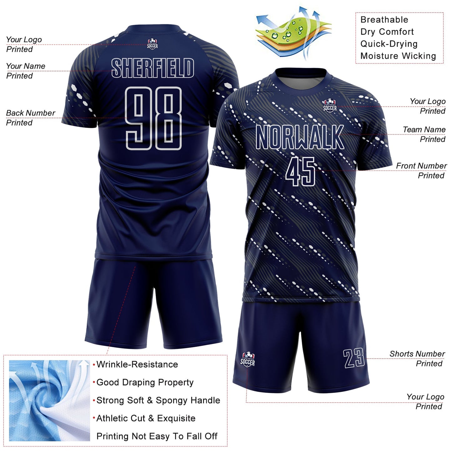 Custom Navy White Slant Lines Sports Sublimation Soccer Uniform Jersey view 4