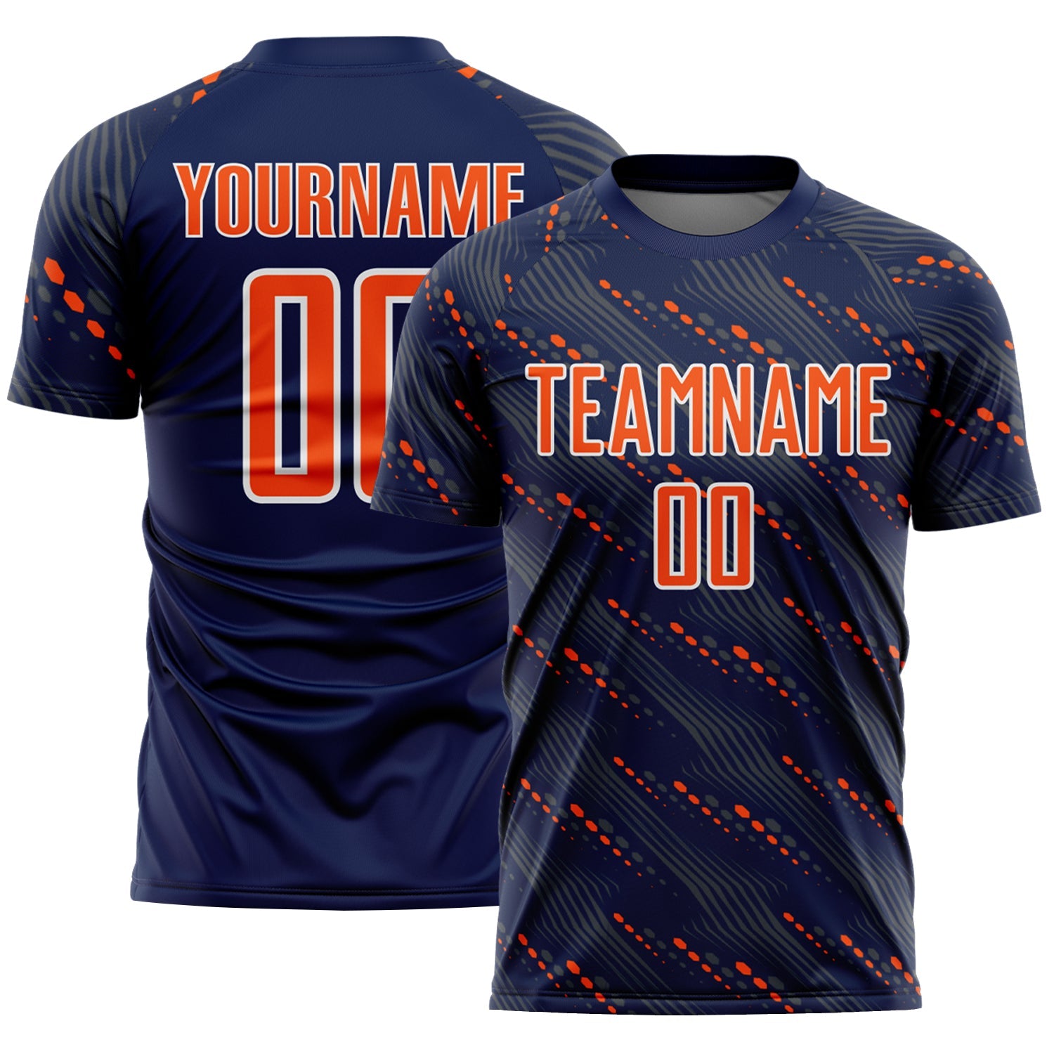 Custom Navy Orange-White Slant Lines Sports Sublimation Soccer Uniform Jersey - Main View