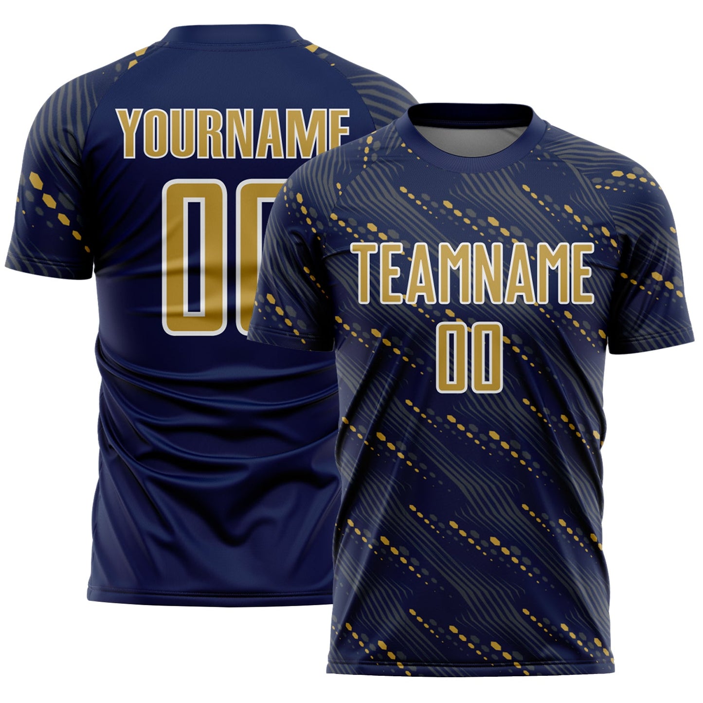 Custom Navy Old Gold-White Slant Lines Sports Sublimation Soccer Uniform Jersey - Main View