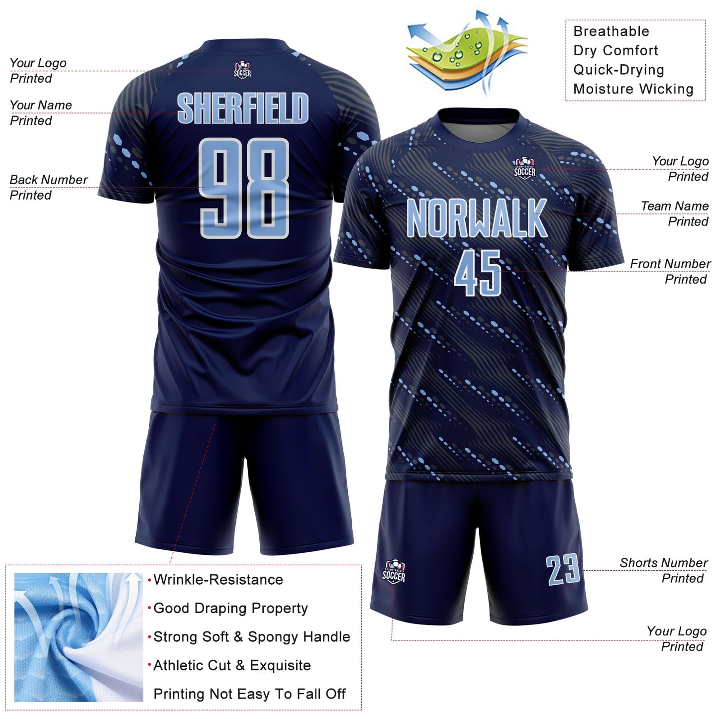 Custom Navy Light Blue-White Slant Lines Sports Sublimation Soccer Uniform Jersey view 4