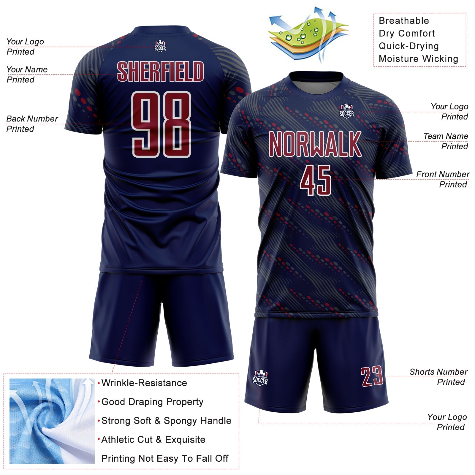 Custom Navy Crimson-White Slant Lines Sports Sublimation Soccer Uniform Jersey view 4