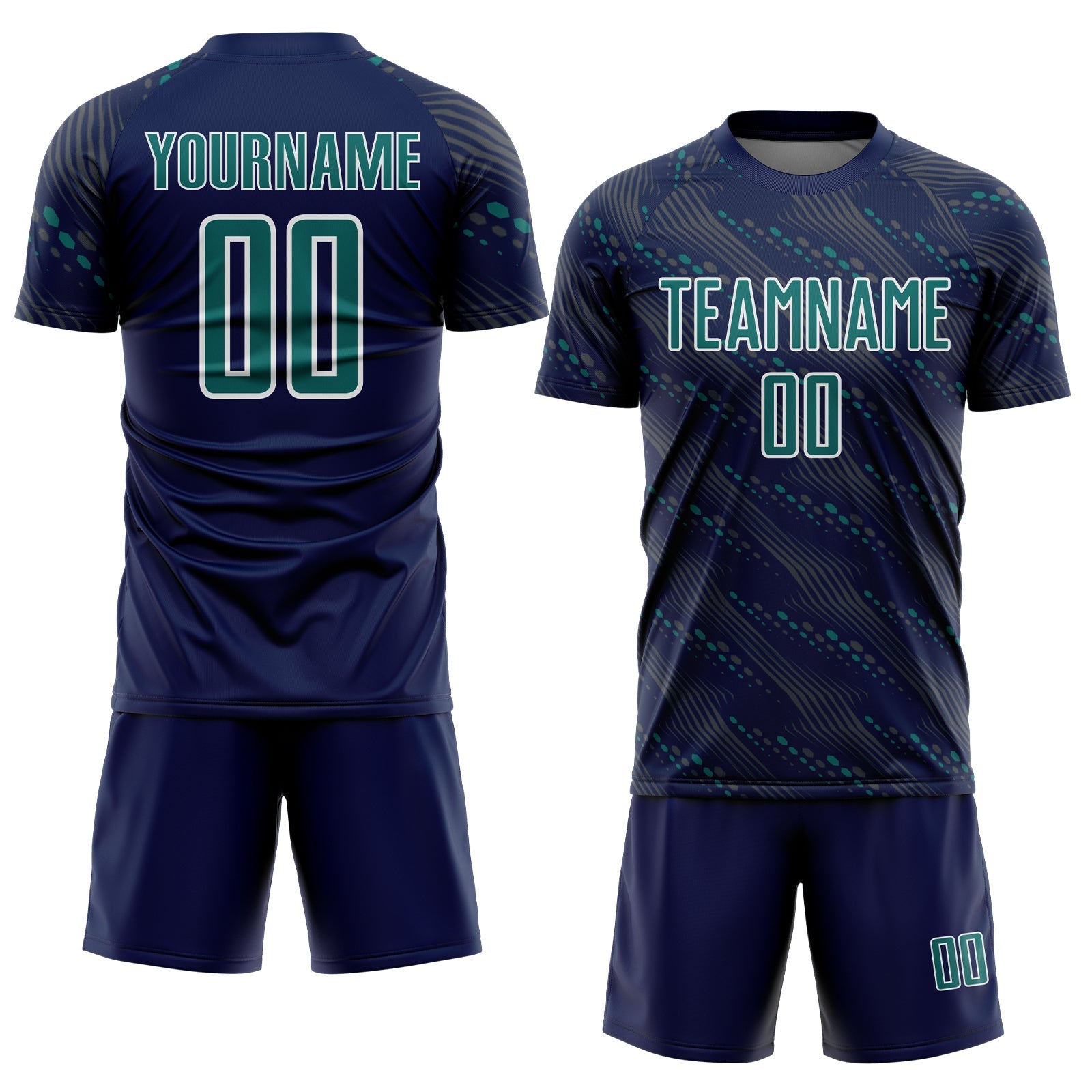 Custom Navy Teal-White Slant Lines Sports Sublimation Soccer Uniform Jersey view 2