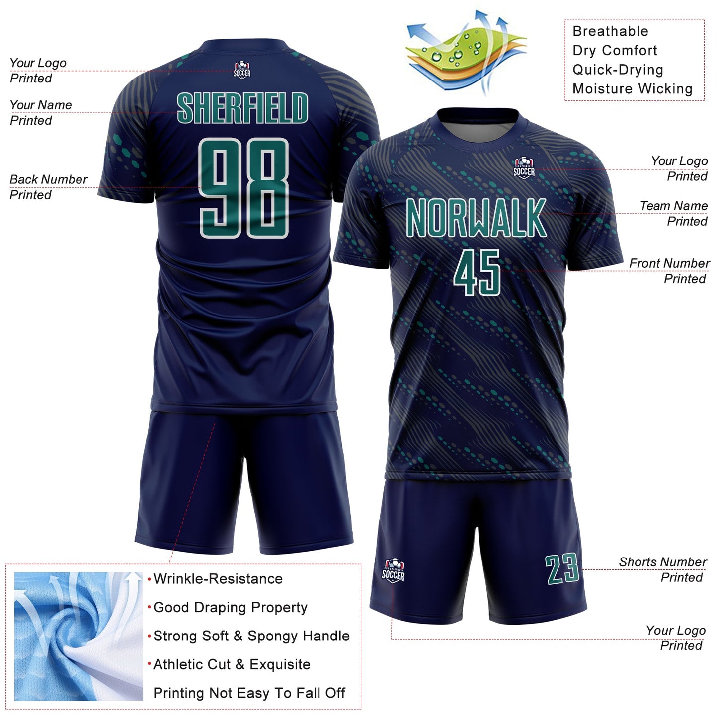 Custom Navy Teal-White Slant Lines Sports Sublimation Soccer Uniform Jersey view 4