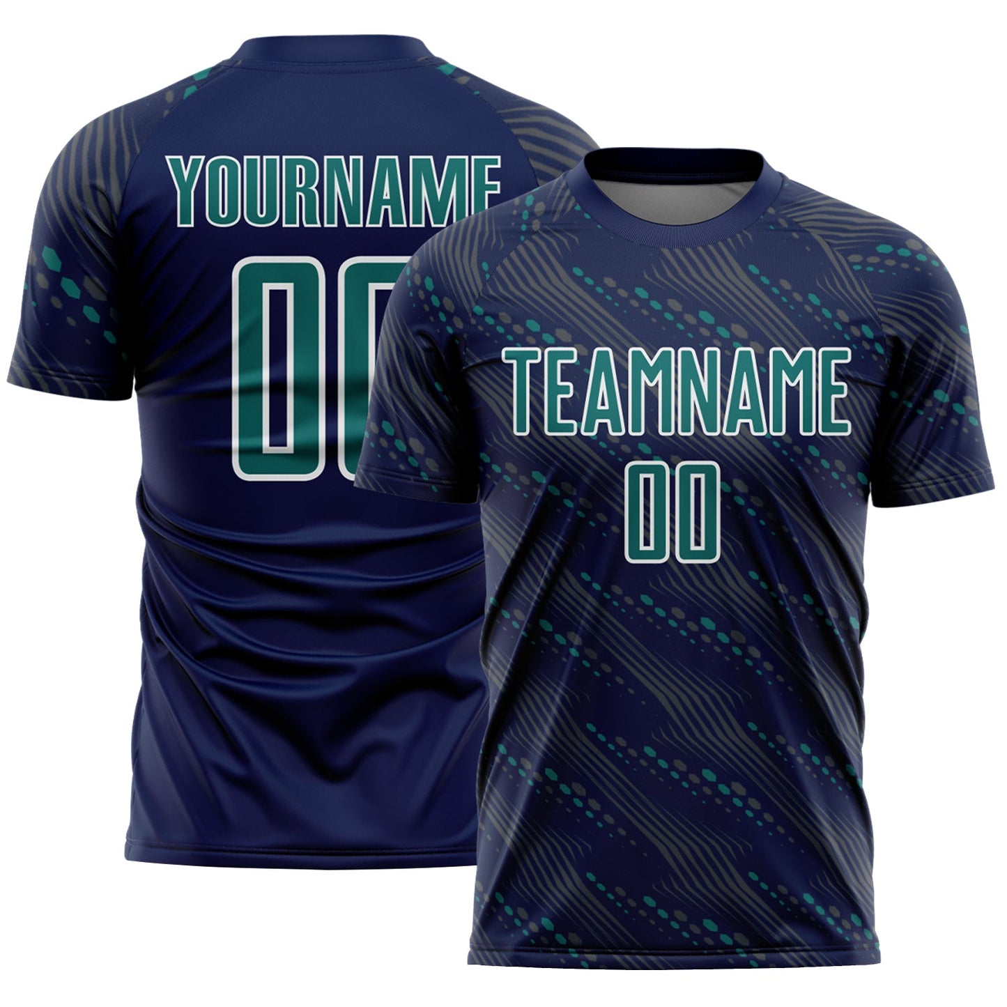 Custom Navy Teal-White Slant Lines Sports Sublimation Soccer Uniform Jersey - Main View
