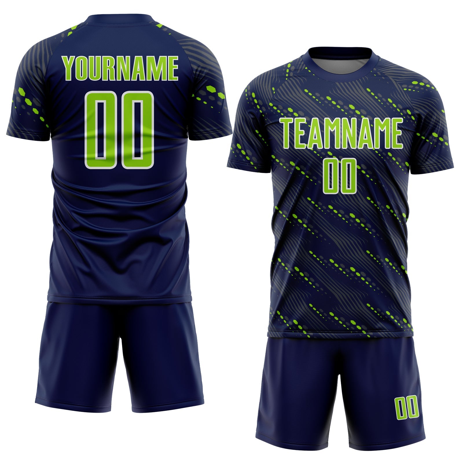 Custom Navy Neon Green-White Slant Lines Sports Sublimation Soccer Uniform Jersey view 2