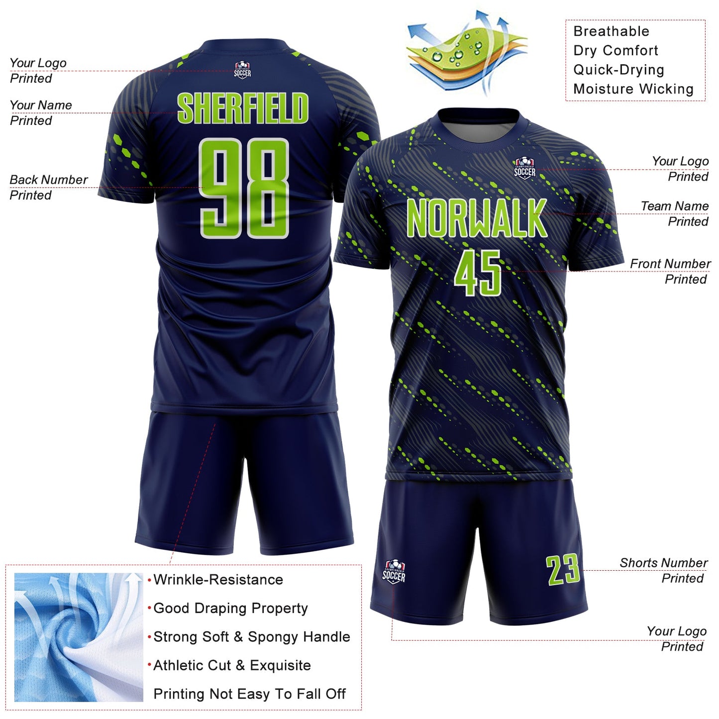 Custom Navy Neon Green-White Slant Lines Sports Sublimation Soccer Uniform Jersey view 4