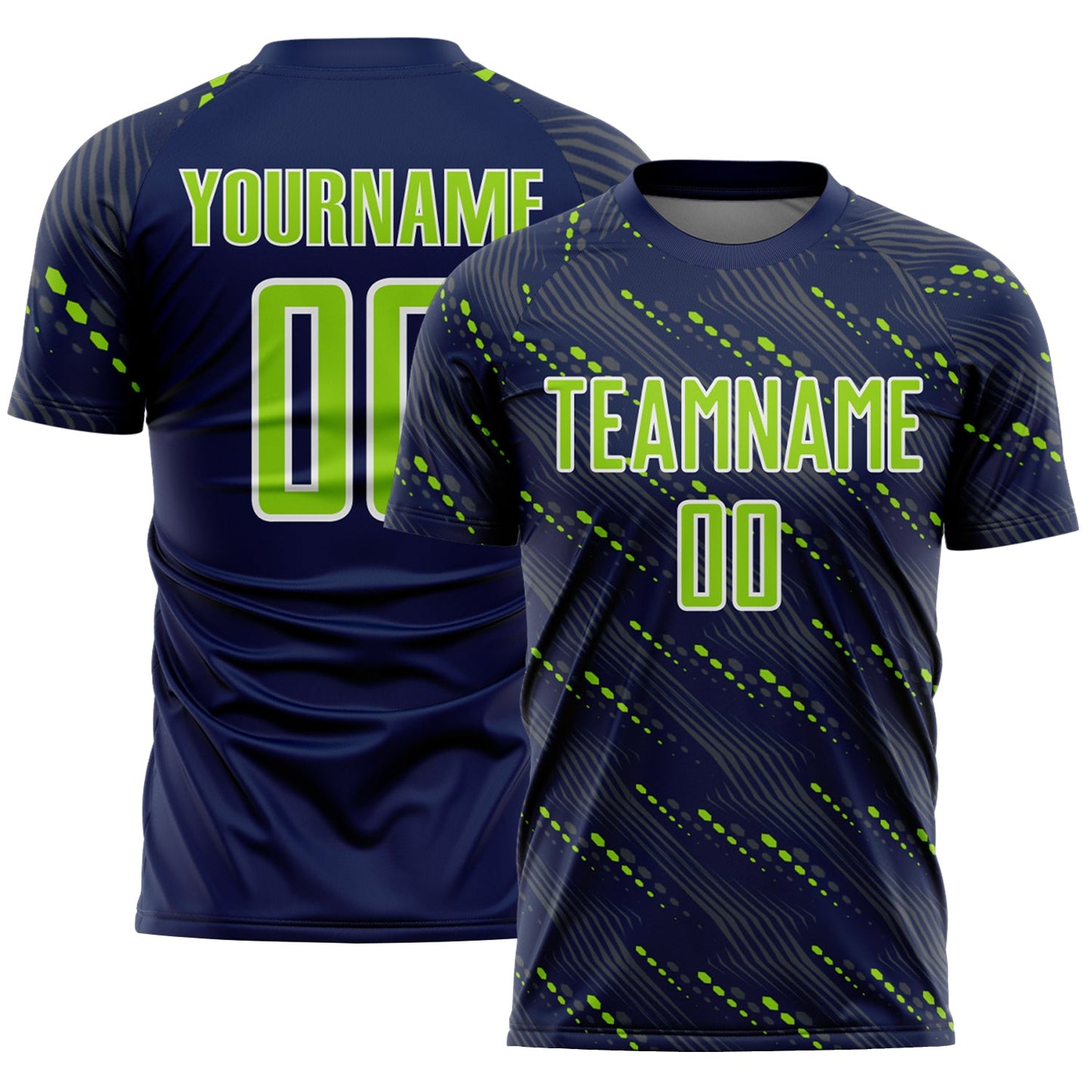 Custom Navy Neon Green-White Slant Lines Sports Sublimation Soccer Uniform Jersey - Main View