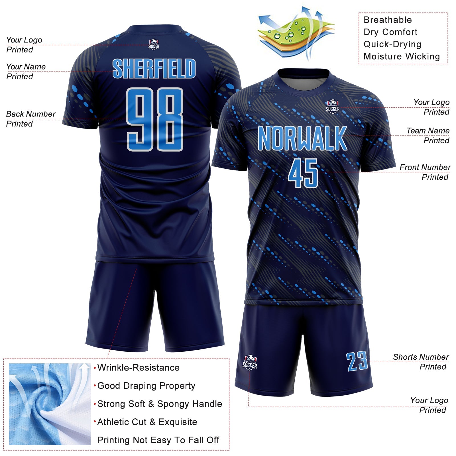 Custom Navy Powder Blue-White Slant Lines Sports Sublimation Soccer Uniform Jersey view 4