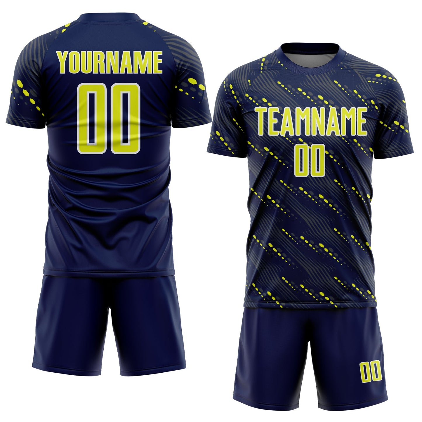 Custom Navy Neon Yellow-White Slant Lines Sports Sublimation Soccer Uniform Jersey view 2