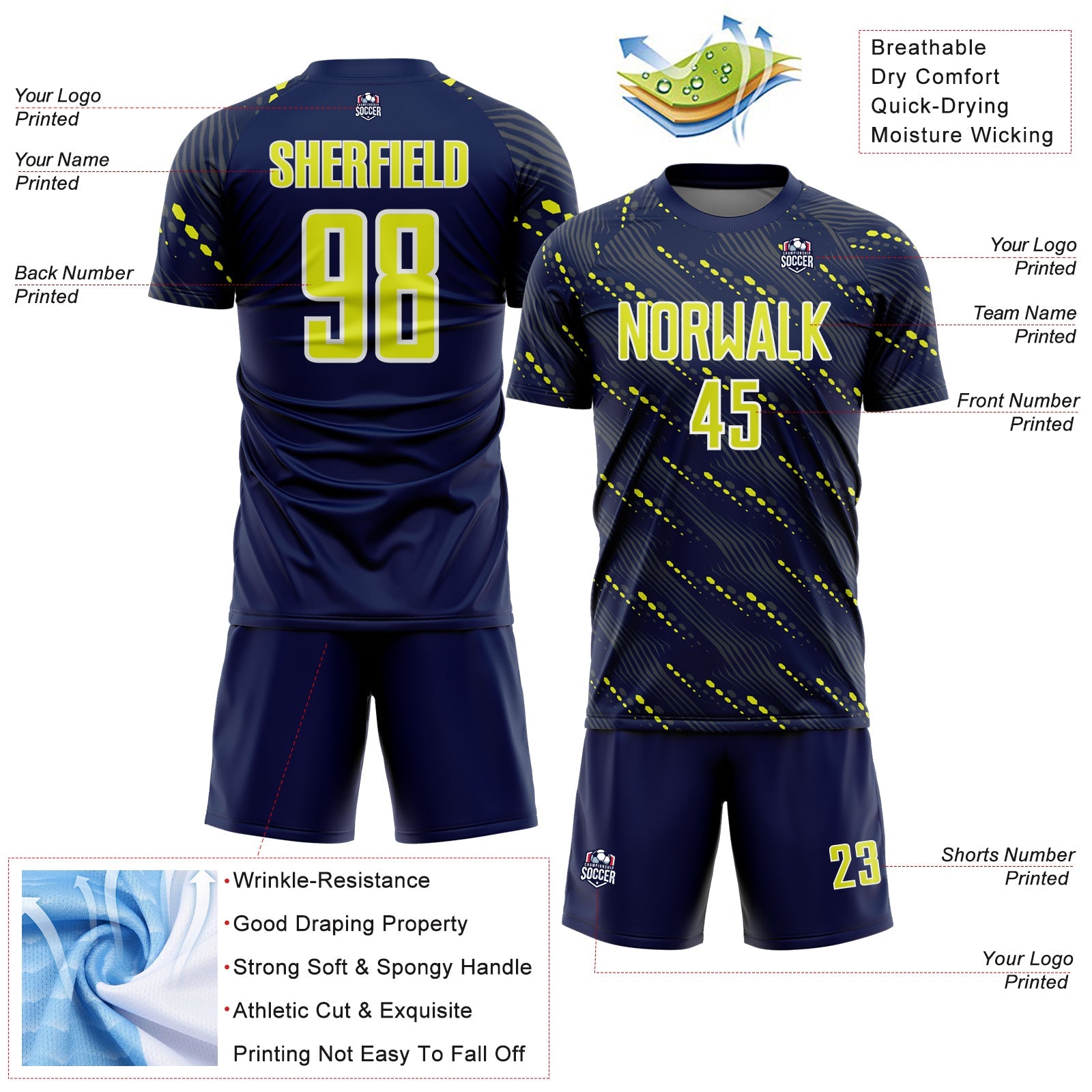 Custom Navy Neon Yellow-White Slant Lines Sports Sublimation Soccer Uniform Jersey view 4