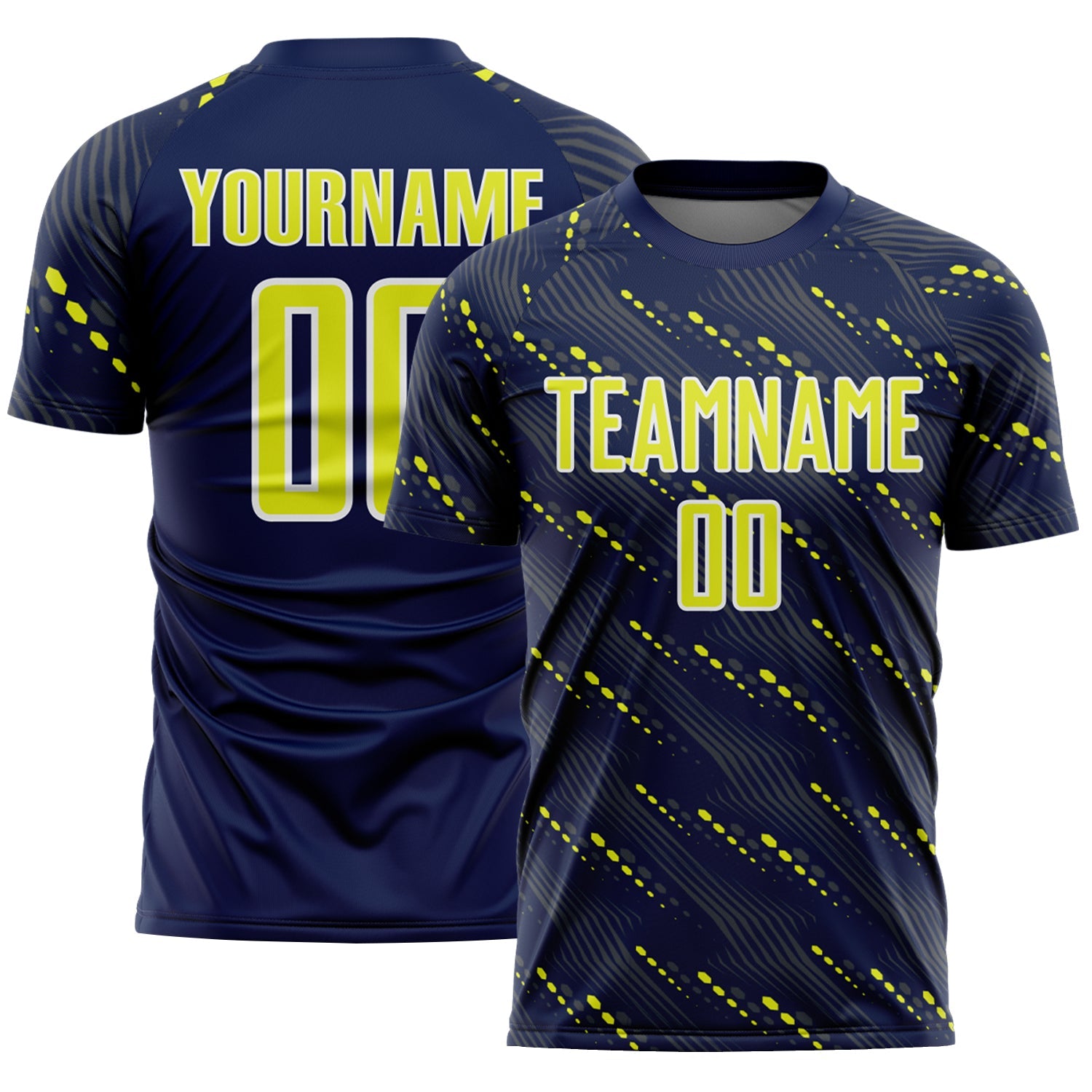 Custom Navy Neon Yellow-White Slant Lines Sports Sublimation Soccer Uniform Jersey - Main View