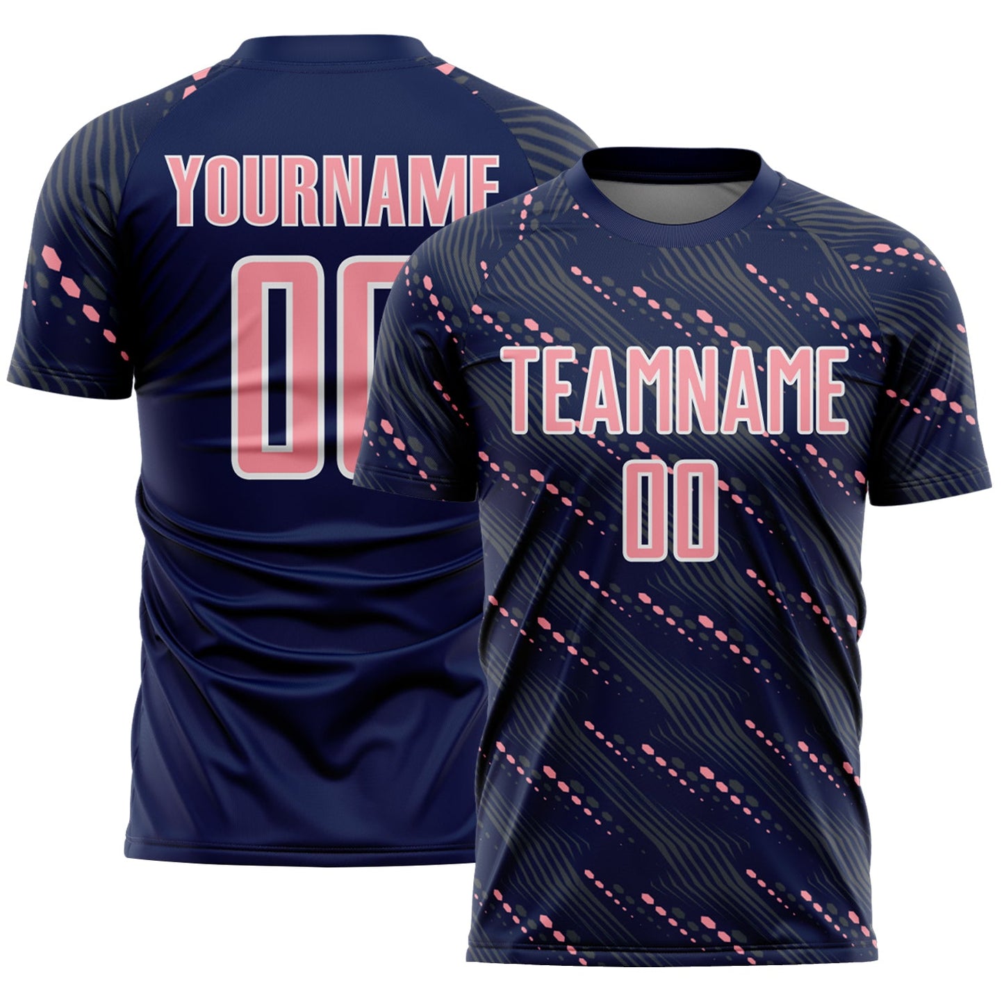 Custom Navy Medium Pink-White Slant Lines Sports Sublimation Soccer Uniform Jersey - Main View