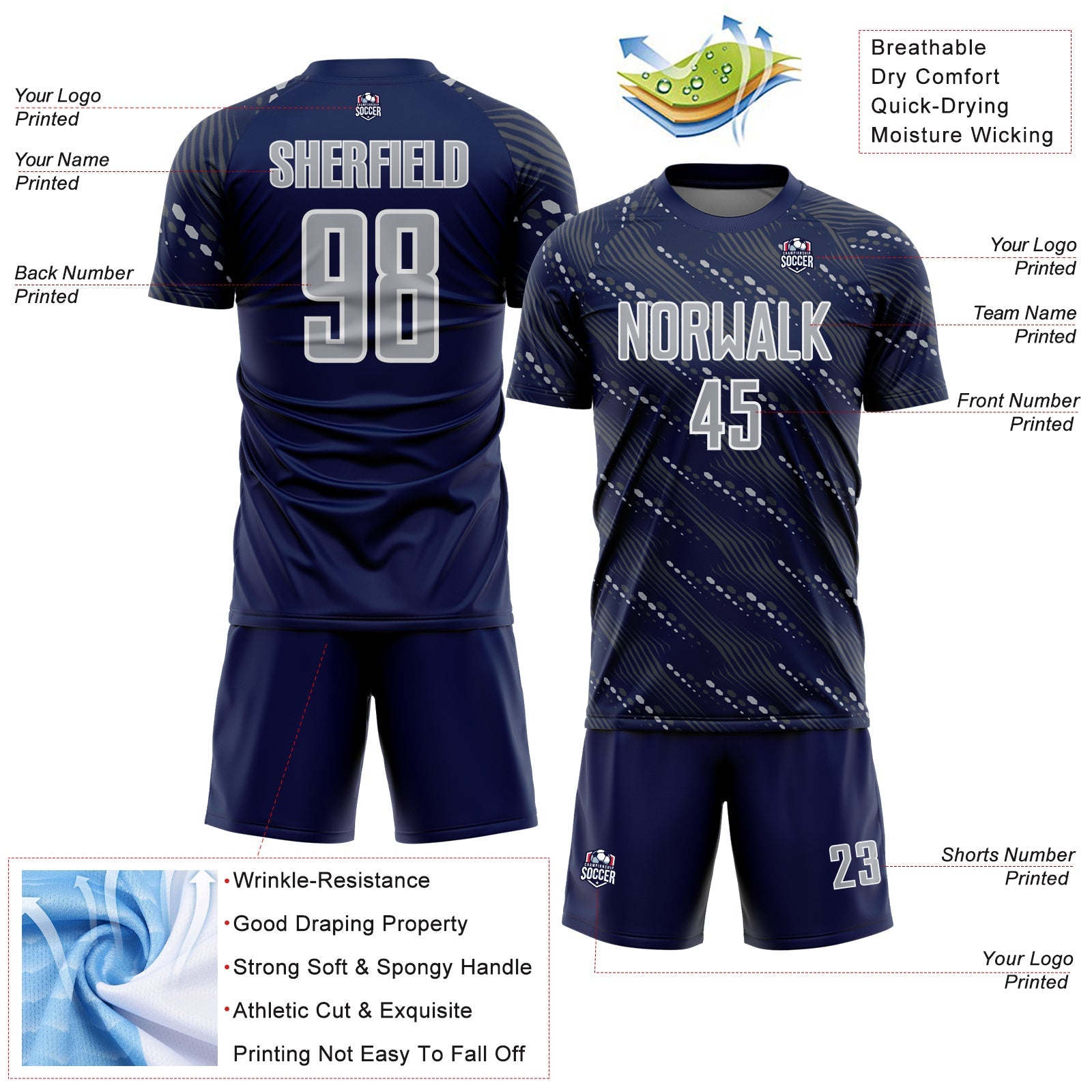 Custom Navy Gray-White Slant Lines Sports Sublimation Soccer Uniform Jersey view 4