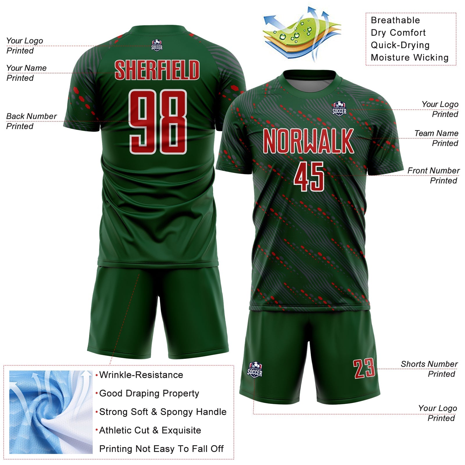 Custom Green Red-White Slant Lines Sports Sublimation Soccer Uniform Jersey view 4