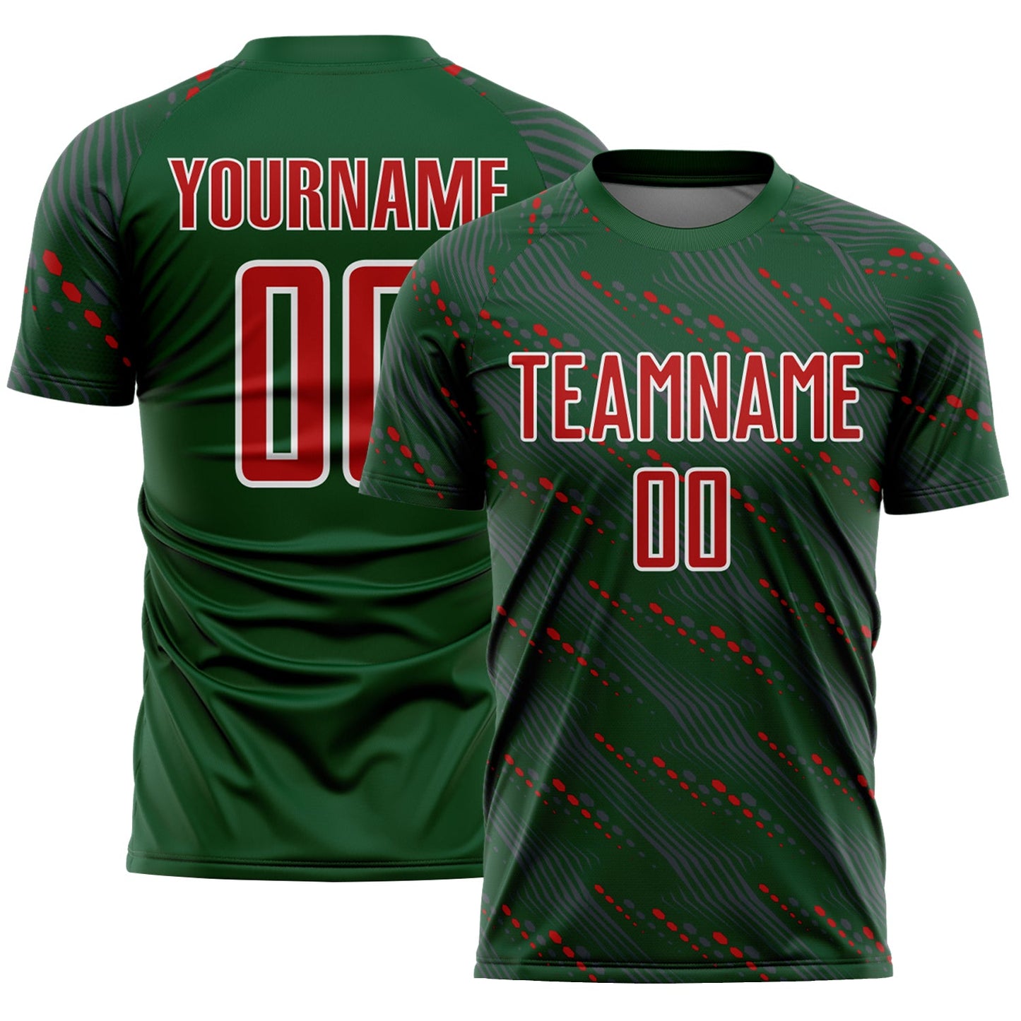Custom Green Red-White Slant Lines Sports Sublimation Soccer Uniform Jersey - Main View